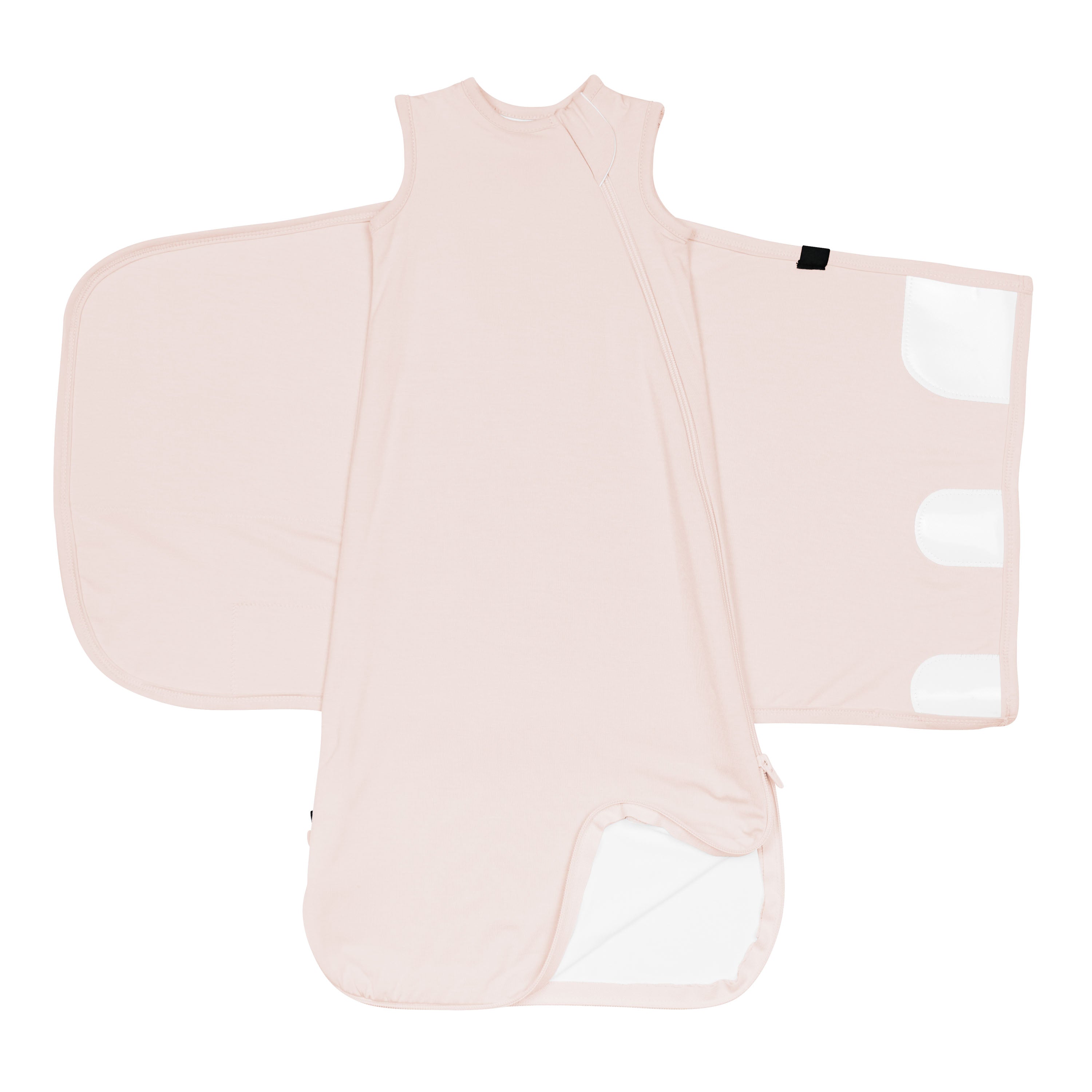 Sleep Bag Swaddler in Blush 0.5 shown unswaddled with bottom zipper undone