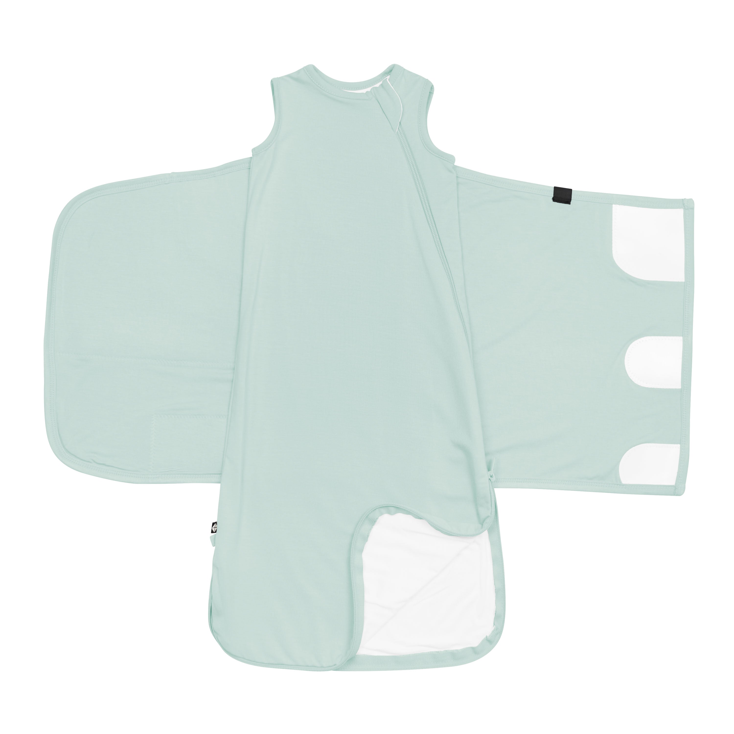 Sleep Bag Swaddler in Sage 0.5 unswaddled with bottom zipper undone