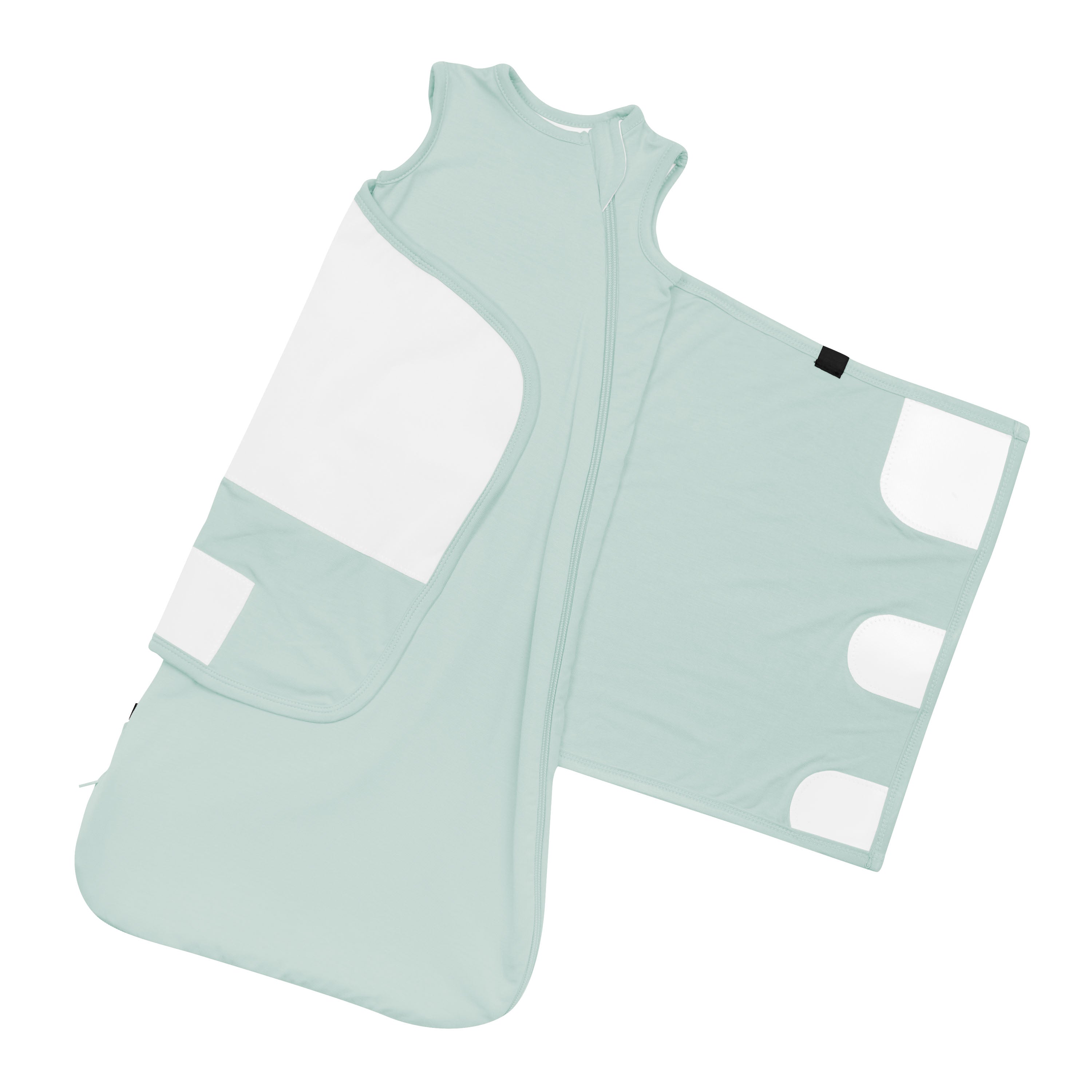 Sleep Bag Swaddler in Sage 0.5 unswaddled showing the velcro closure system
