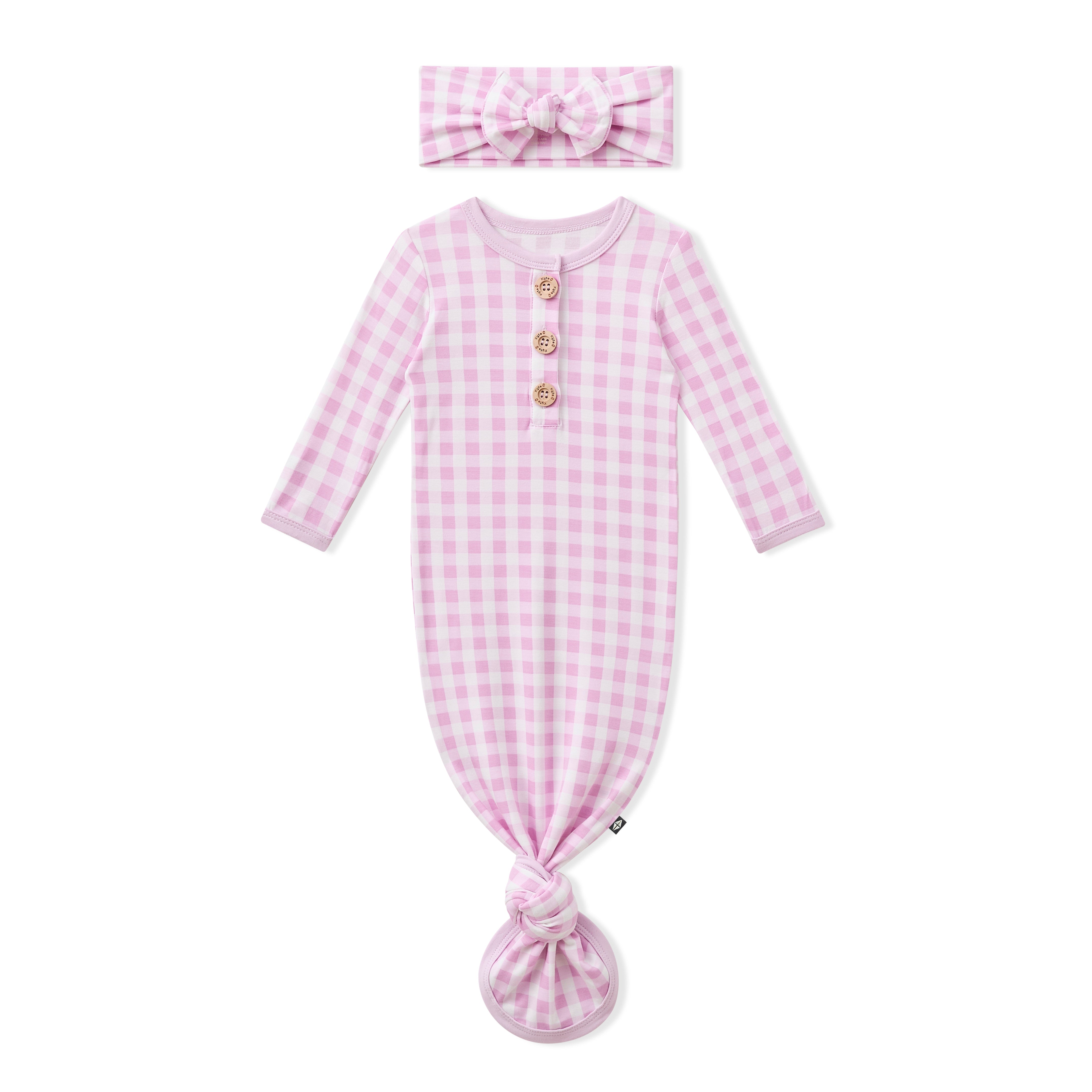 Knotted Gown with Bow Set in Gingham Thistle shown on a white surface