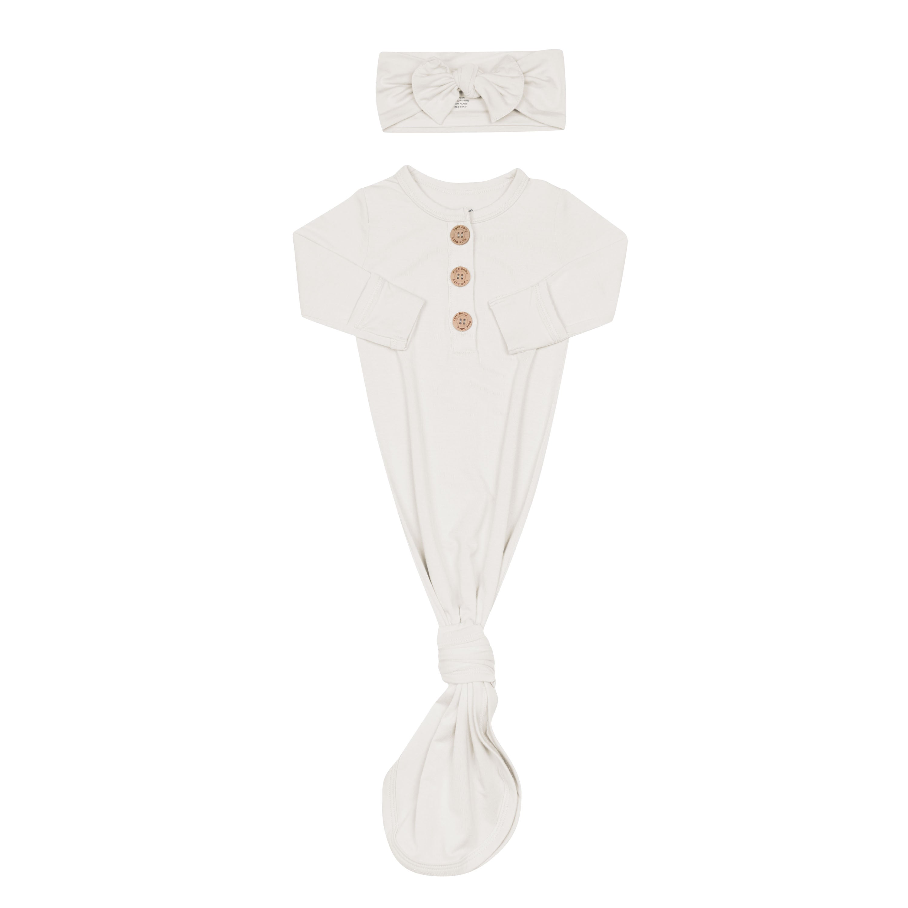 Knotted Gown with Bow Set in Oat showing foldable mittens for hospital newborn outfit