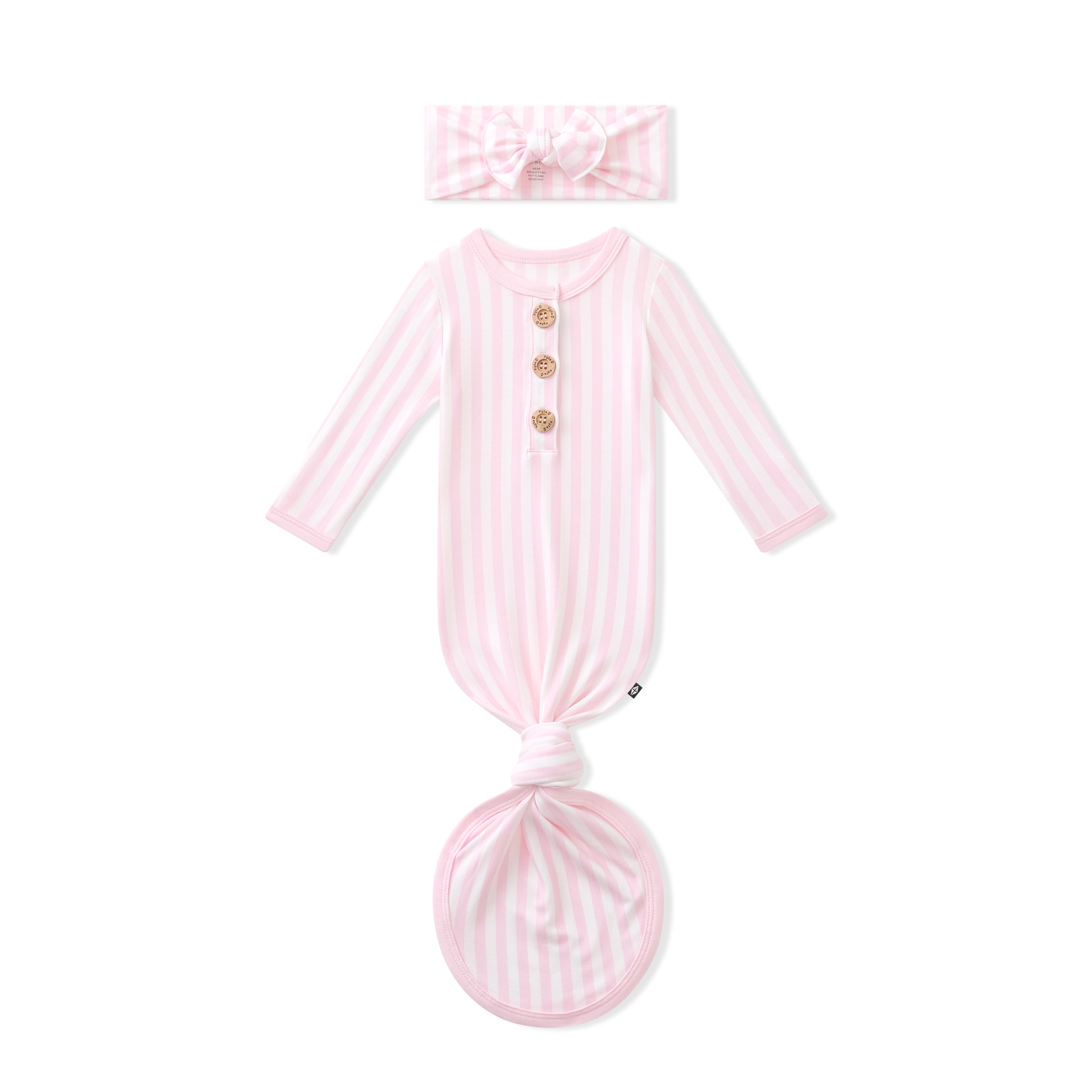Product photo of the Knotted Gown with Bow Set in Small Sakura Stripe on a white background
