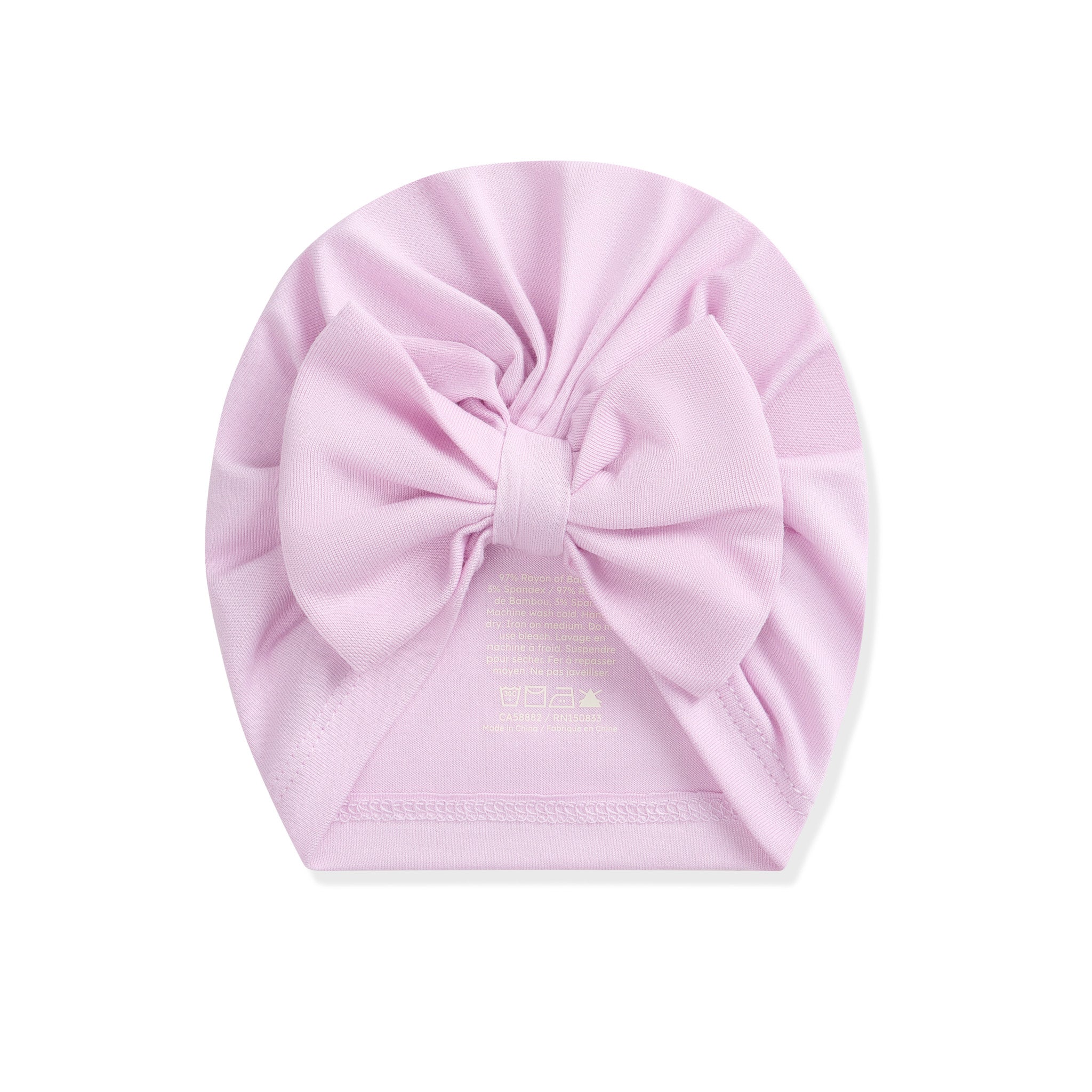 Light purple baby turban with a bow on a white background