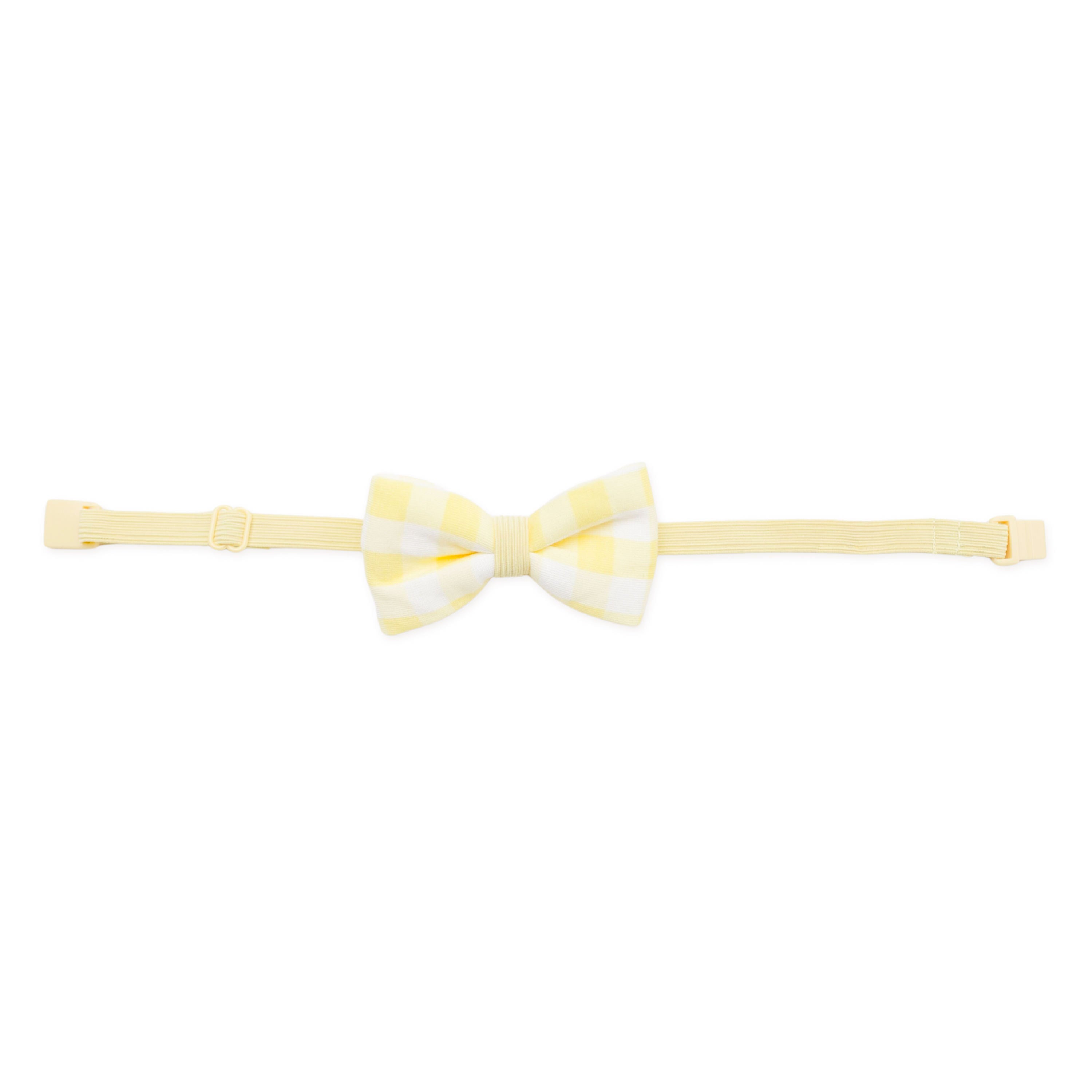 Bow Tie in Gingham Chamomile shown laying flat on a white surface