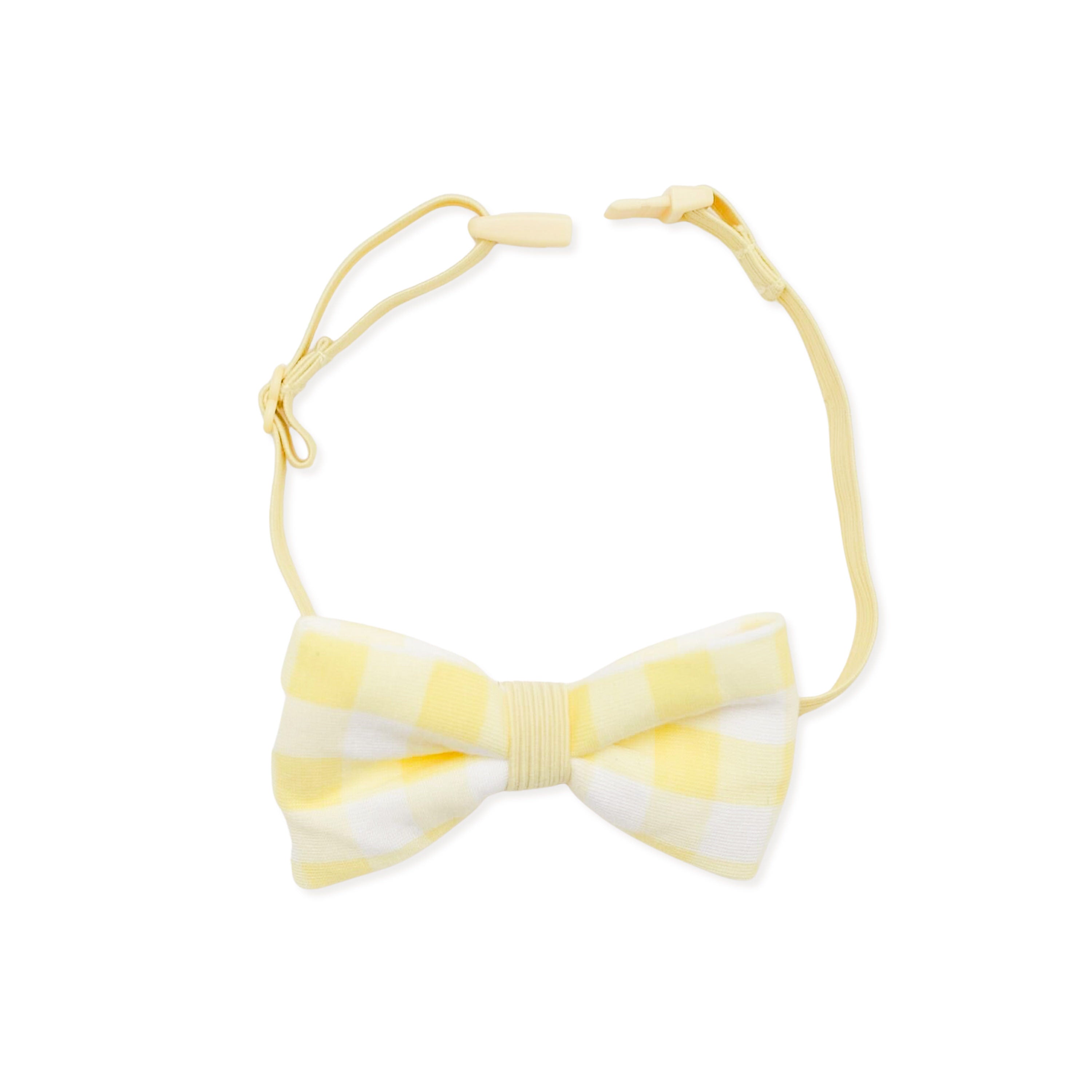 The Bow Tie in Gingham Chamomile shown on a white surface with the clasp visible