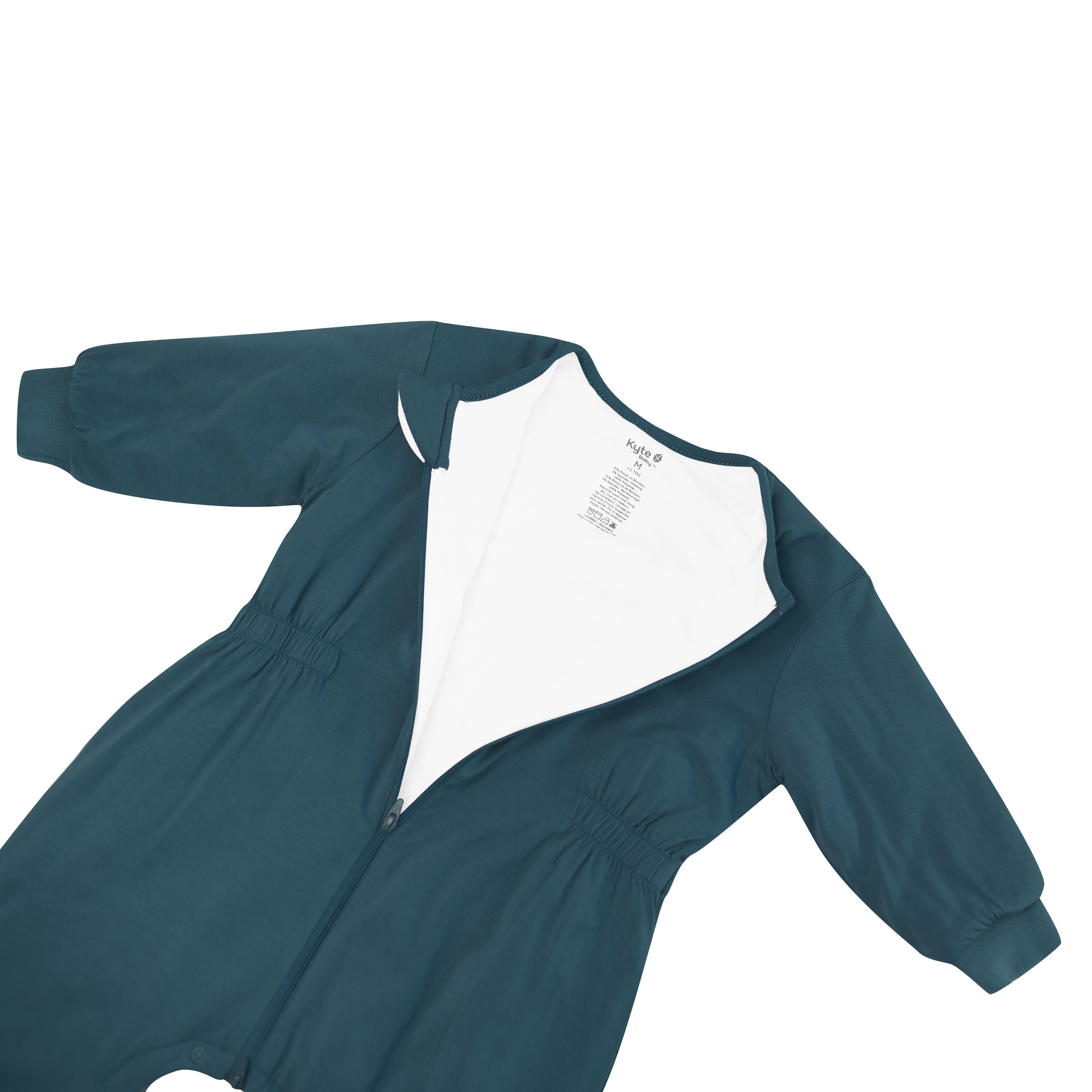 Close up of the zipper garage and the top zipper undone on the Cozy Playsuit in Atlantic