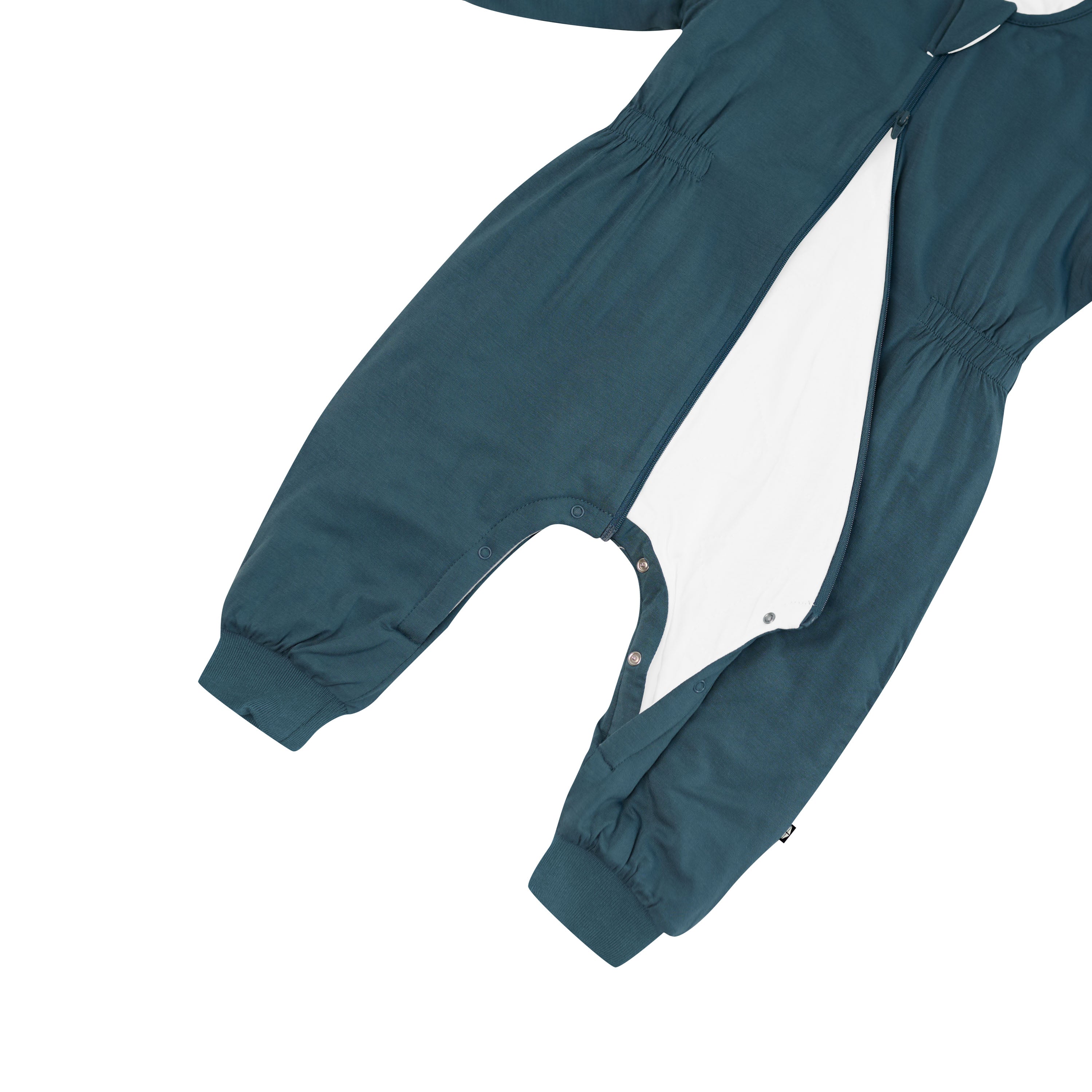 Inseam snaps and dual zipper shown on the Cozy Playsuit in Atlantic
