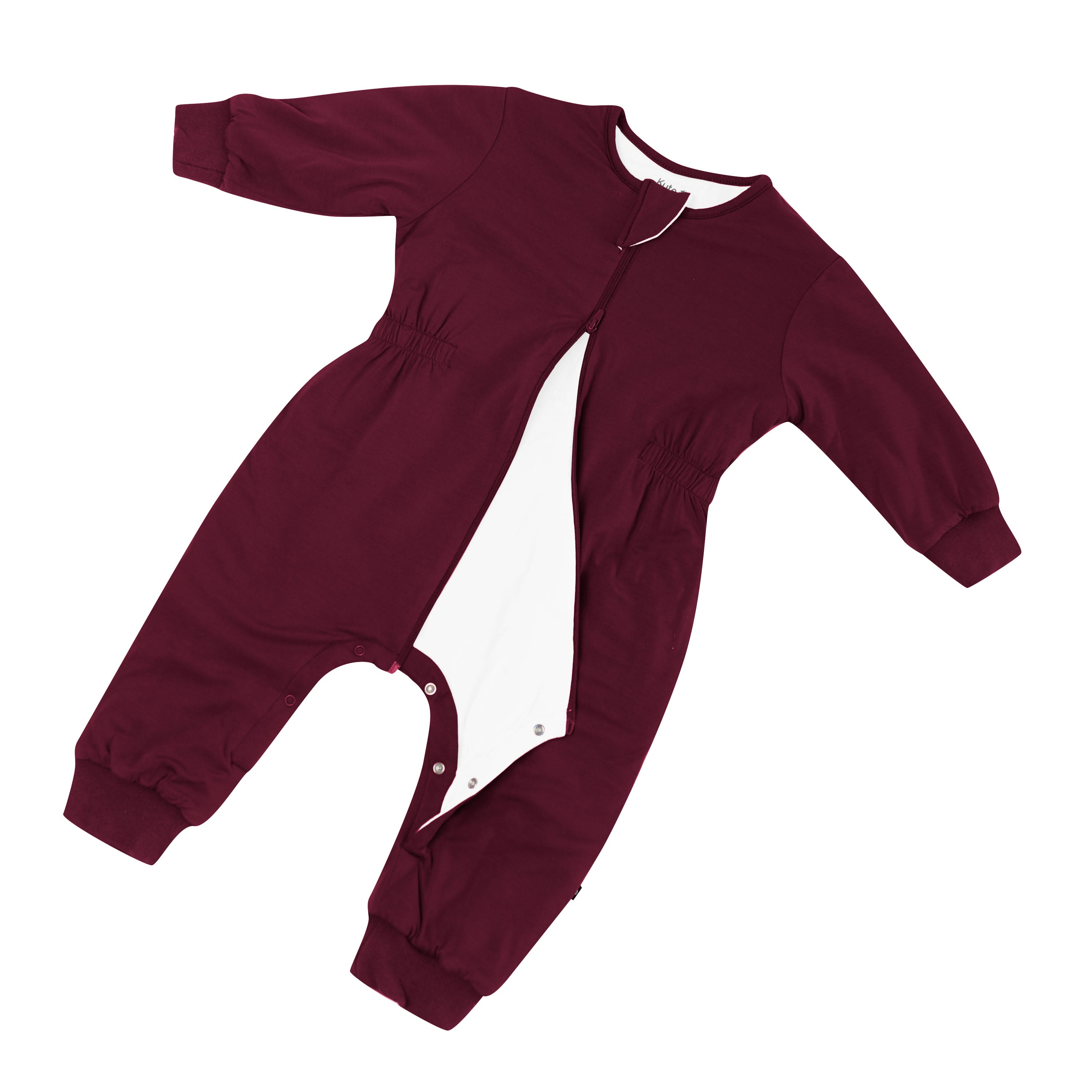 Inseam snaps, cinched waist and double zipper shown on the Cozy Playsuit in Burgundy