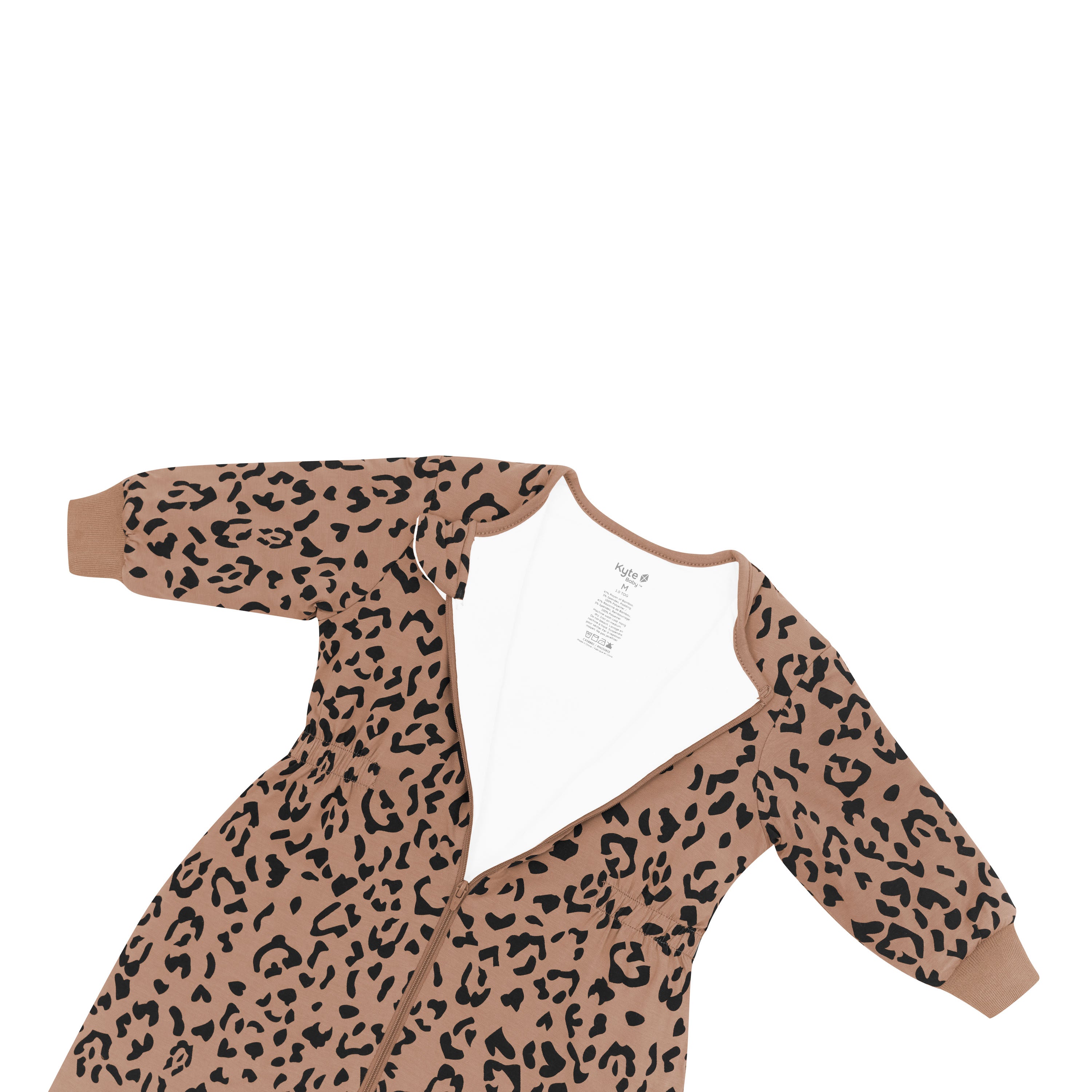 Top zipper and zipper garage shown on the Cozy Playsuit in Latte Leopard