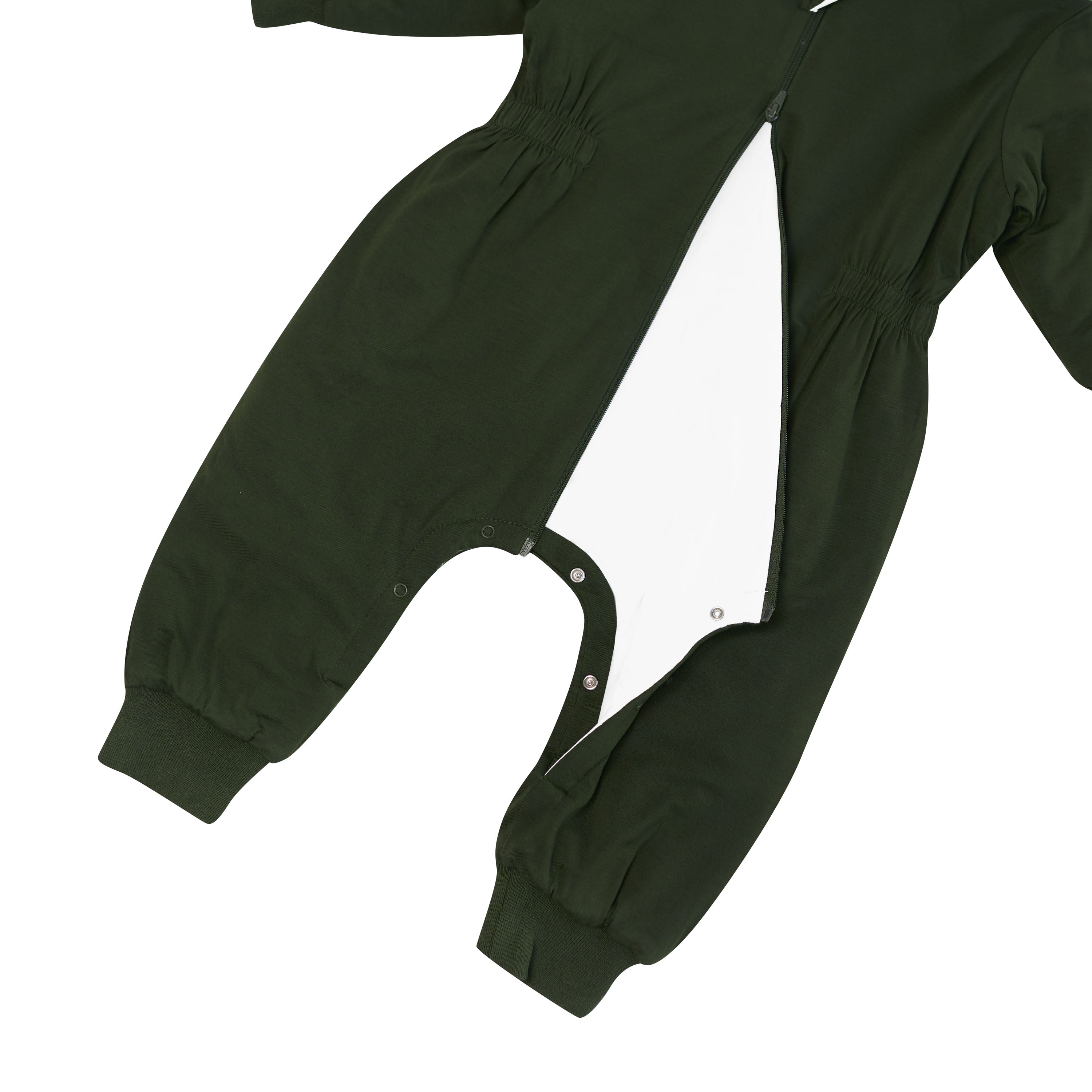 Inseam snaps, cinched waist and the double zipper shown on the Cozy Playsuit in Fir