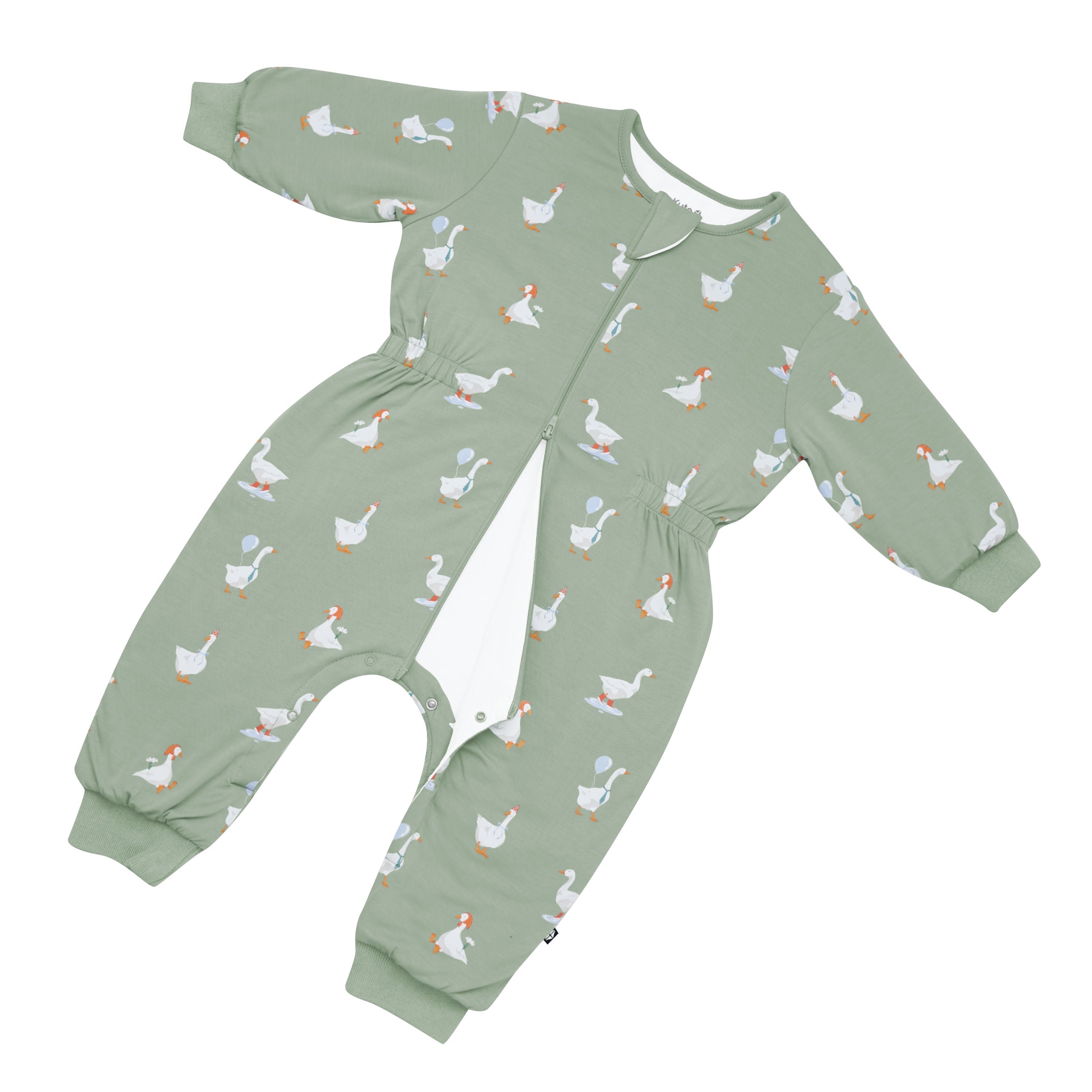 Inseam snap, cinched waist and double zipper shown on the Cozy Playsuit in Silly Goose