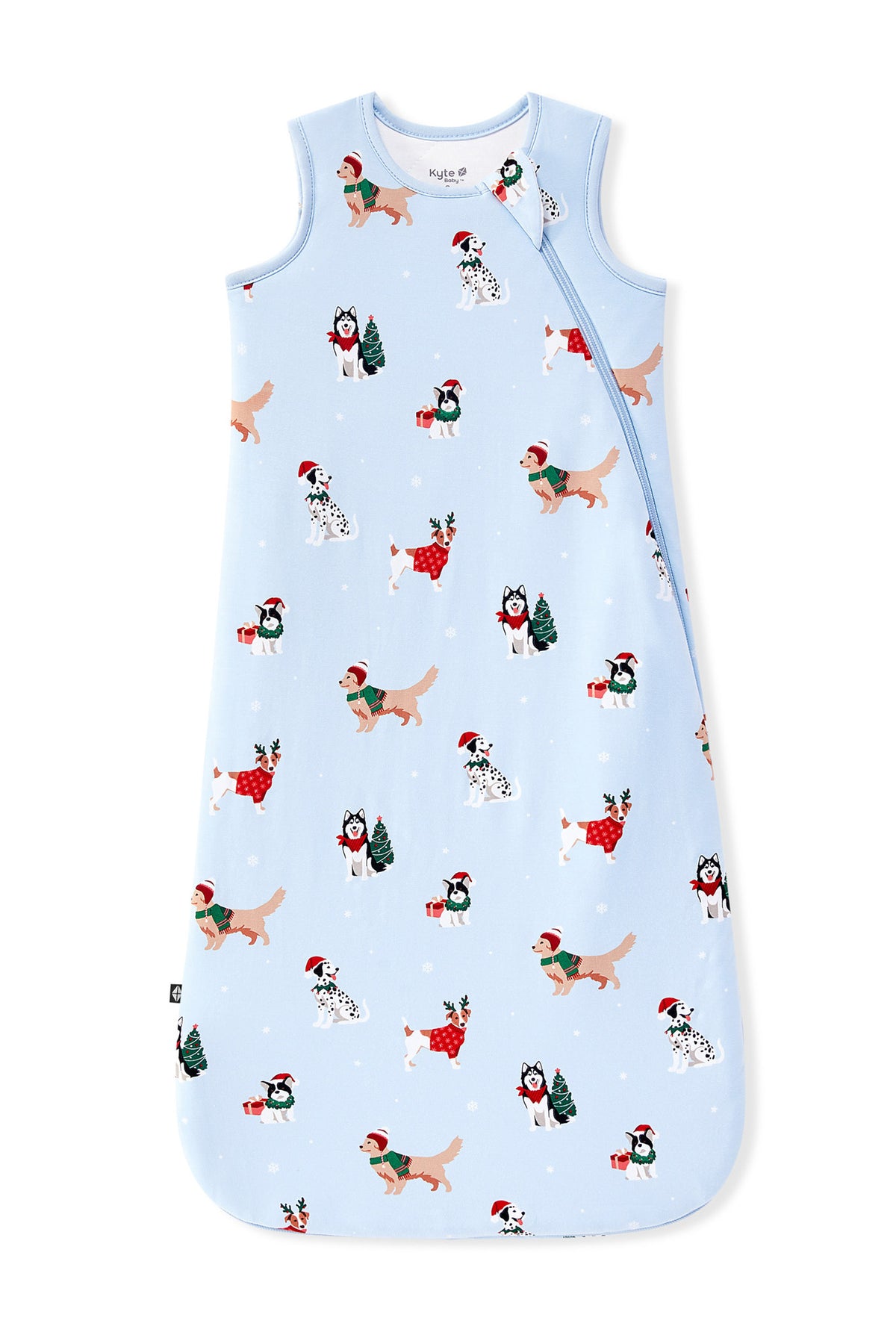 Blue Sleep Bag in Holiday Pups 2.5 print on a white background
