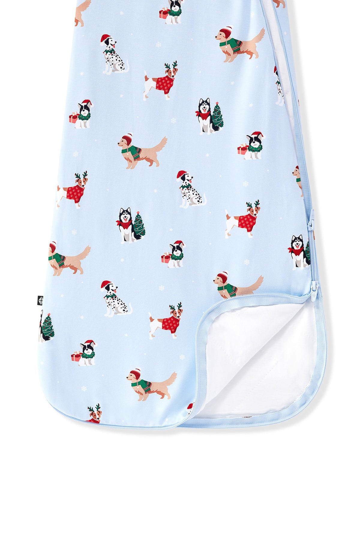 Blue Sleep Bag in Holiday Pups 2.5 print with dual zipper on a white background