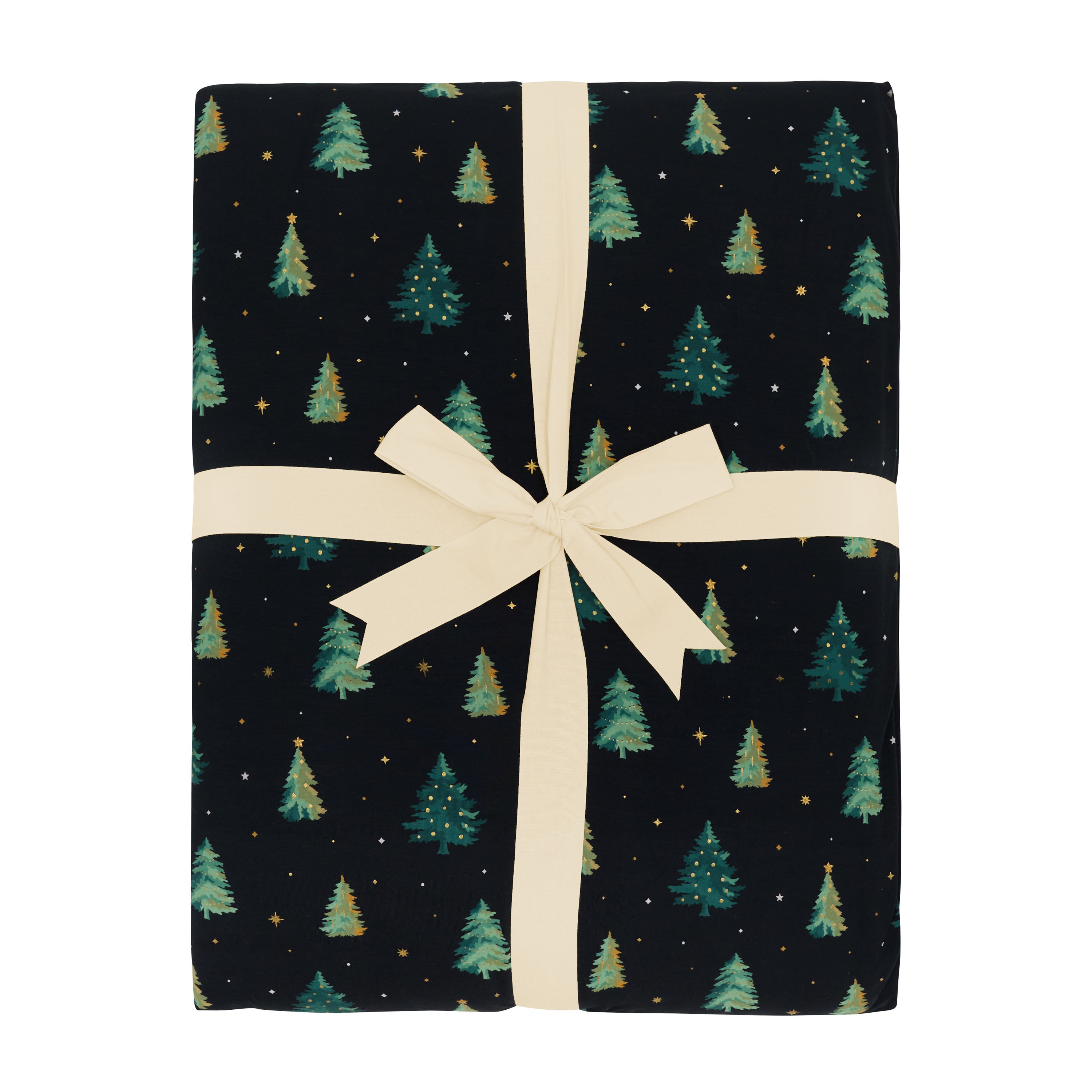 Product photo of the Adult Quilted Blanket in Twinkle Tree 2.5 shown wrapped in its packaging with a bow