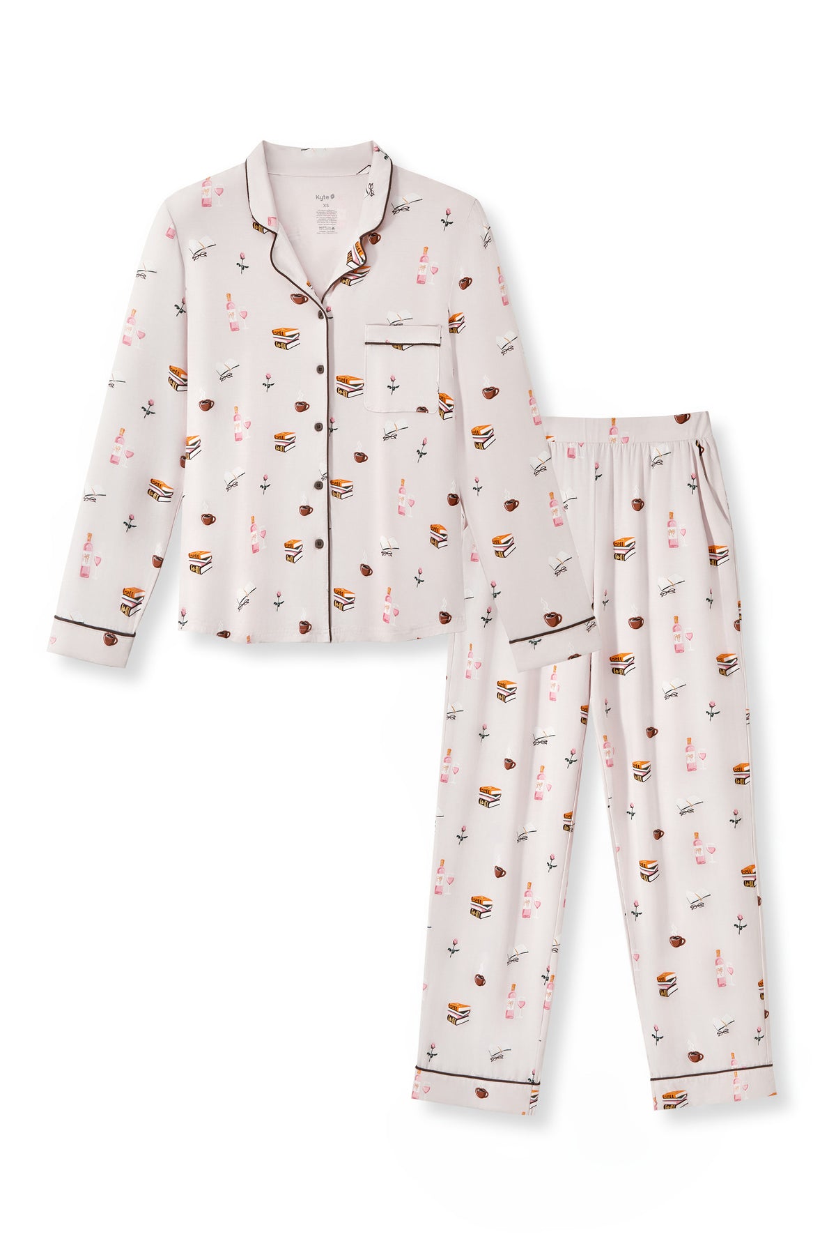 Long-Sleeved Women's Pajama Set with Book Club print on a white background