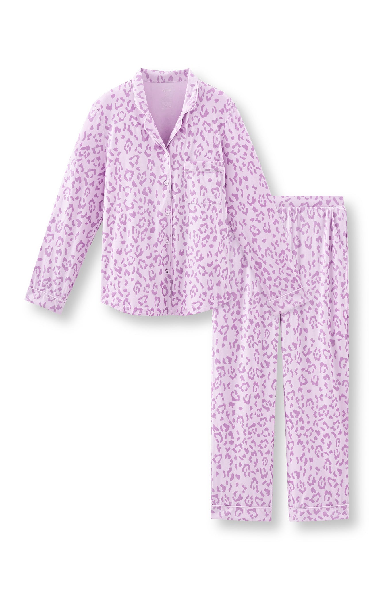 Long-Sleeved Women's Pajama Set in Thistle Leopard print on a white background