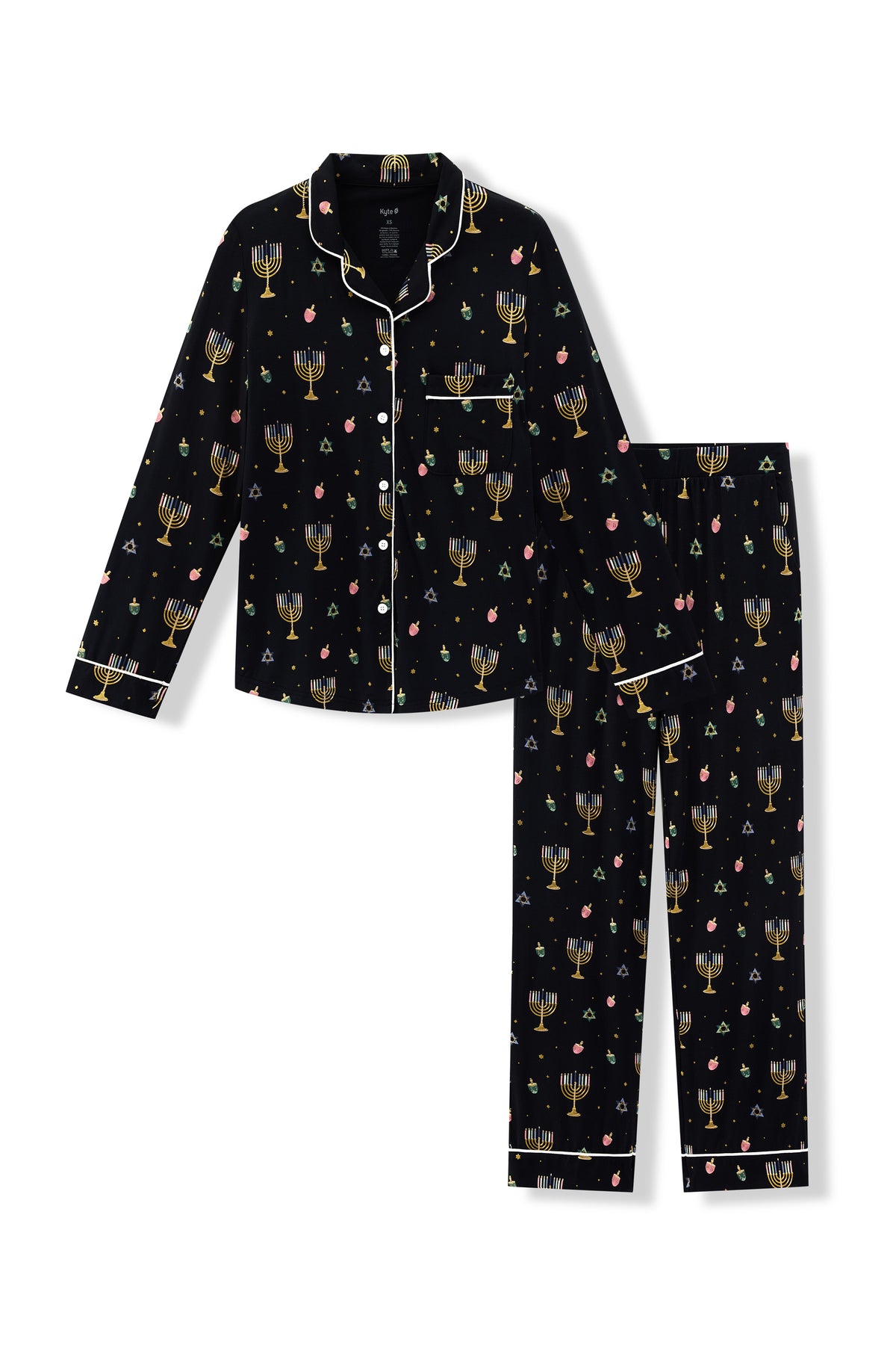 Black Long-Sleeved Women's Pajama Set in Hanukkah Nights print on a white background
