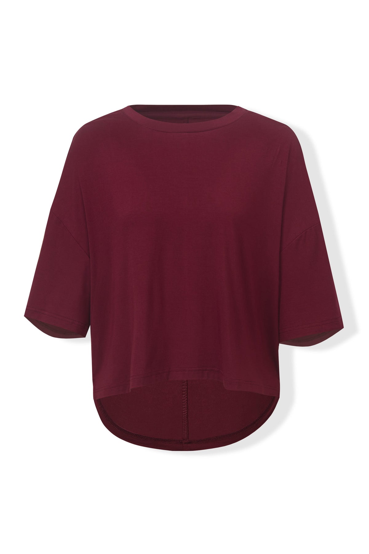 Women's Short Sleeve Boxy Tee in Burgundy on a white background