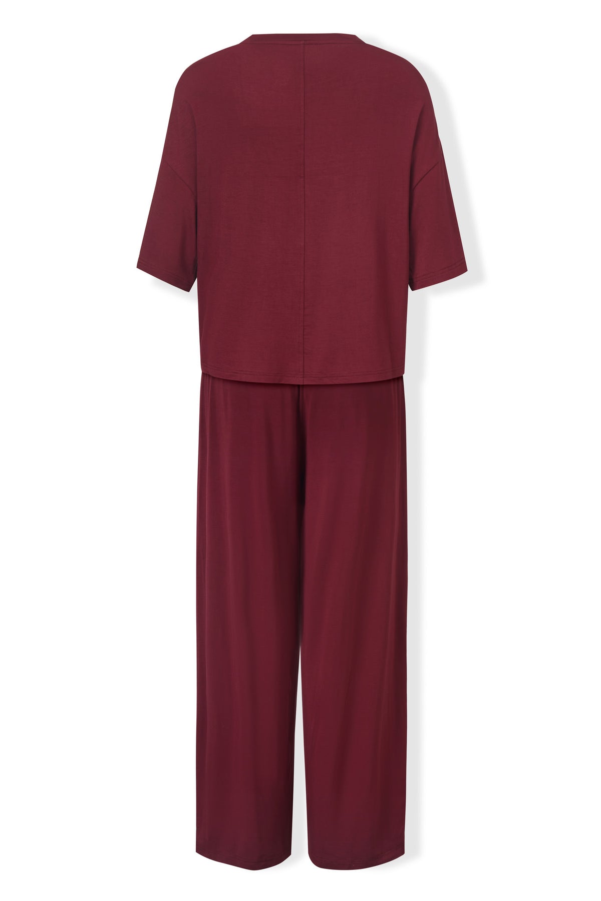 Back view of Women's Wide Leg Pant Set in Burgundy on a white background