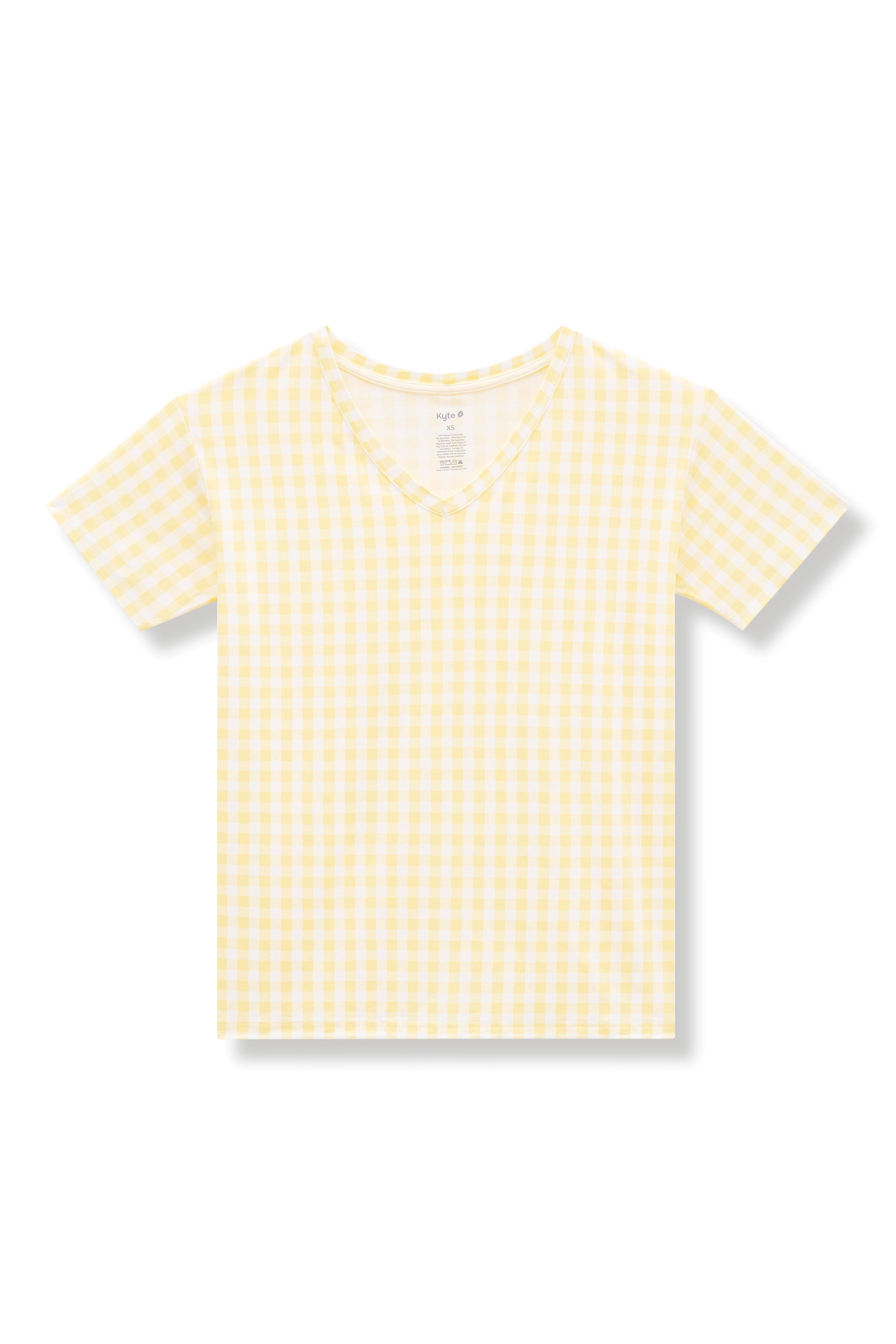 Product photo of the Women's Relaxed Fit V-Neck in Gingham Chamomile on a white surface