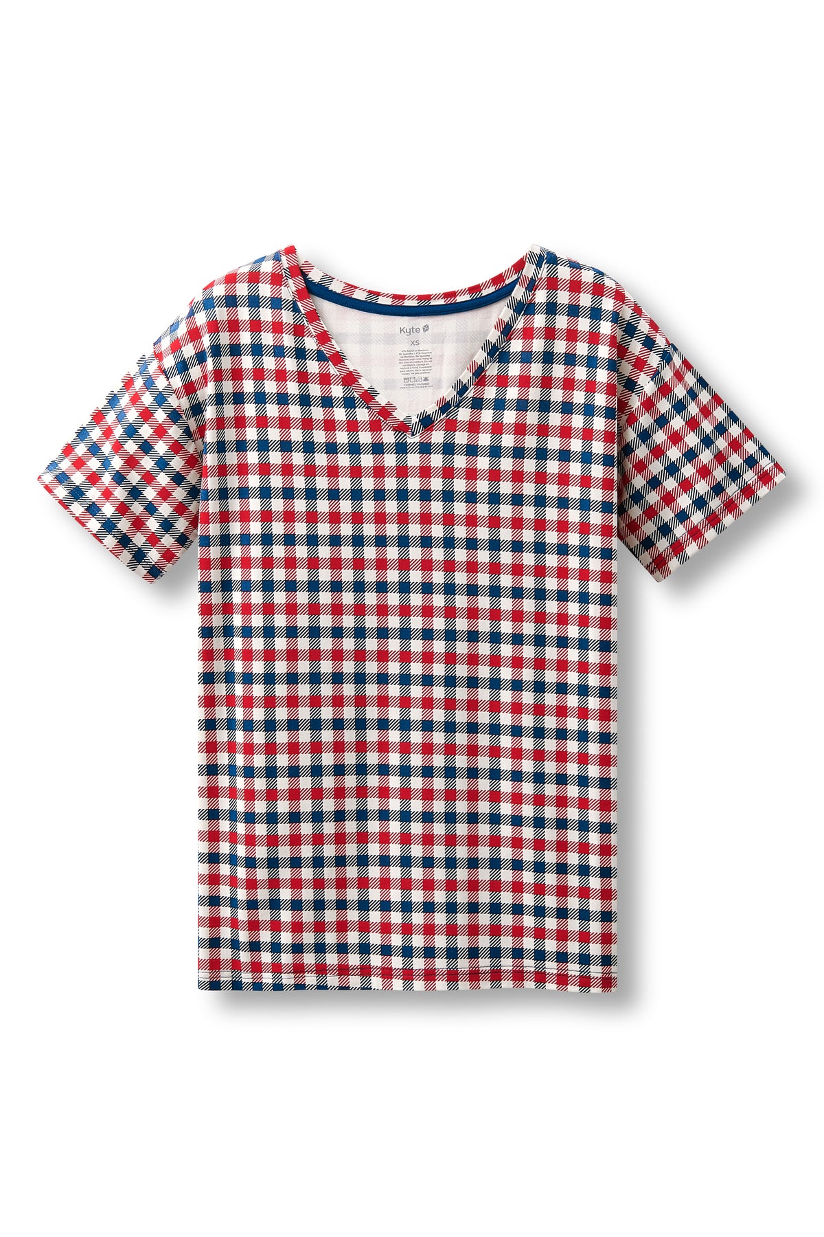 Women's Relaxed Fit V-Neck in red blue and white Patriotic Gingham check print on a white background