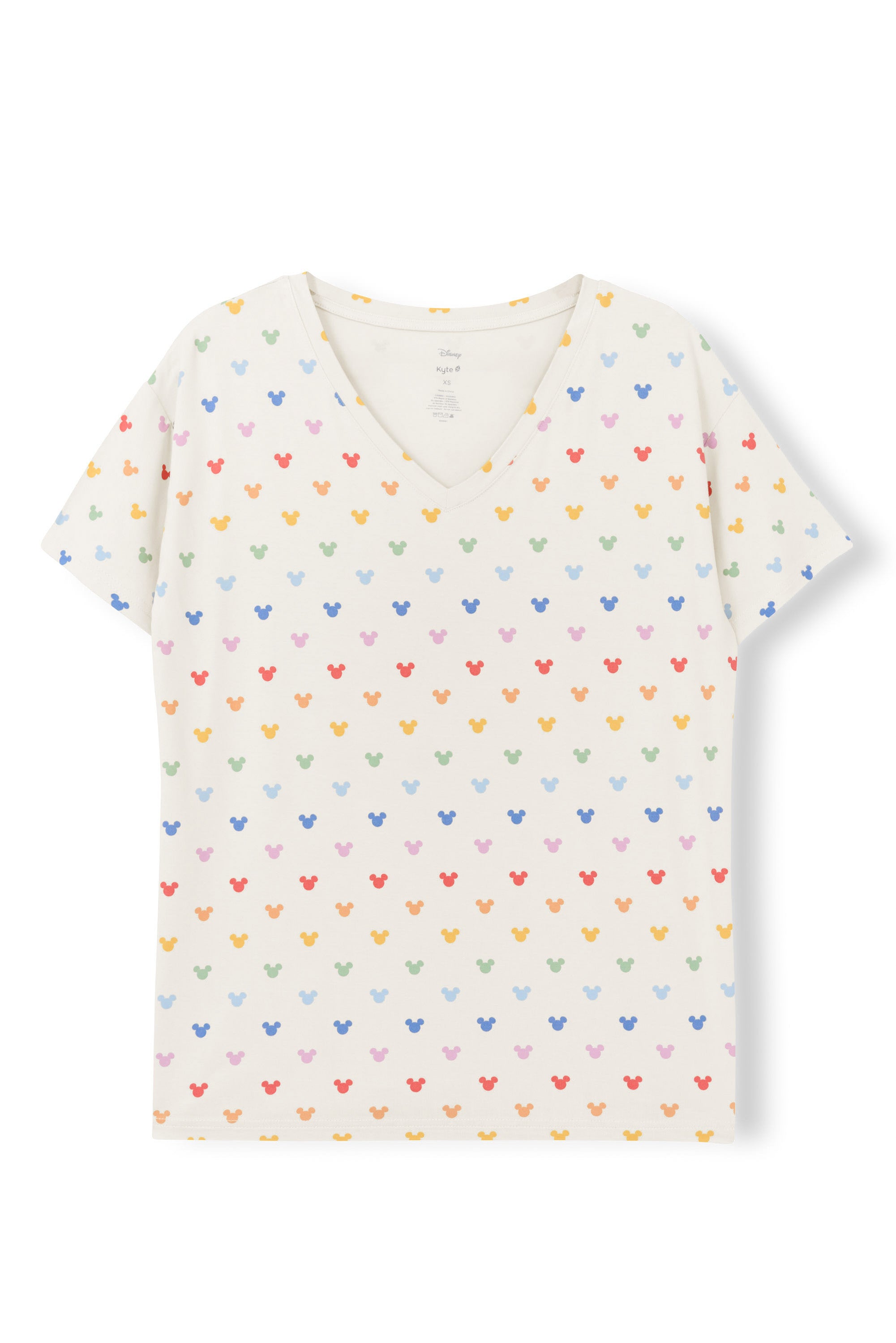 Women's Relaxed Fit V-Neck with Pastel Mickey Mouse pattern on an oat background