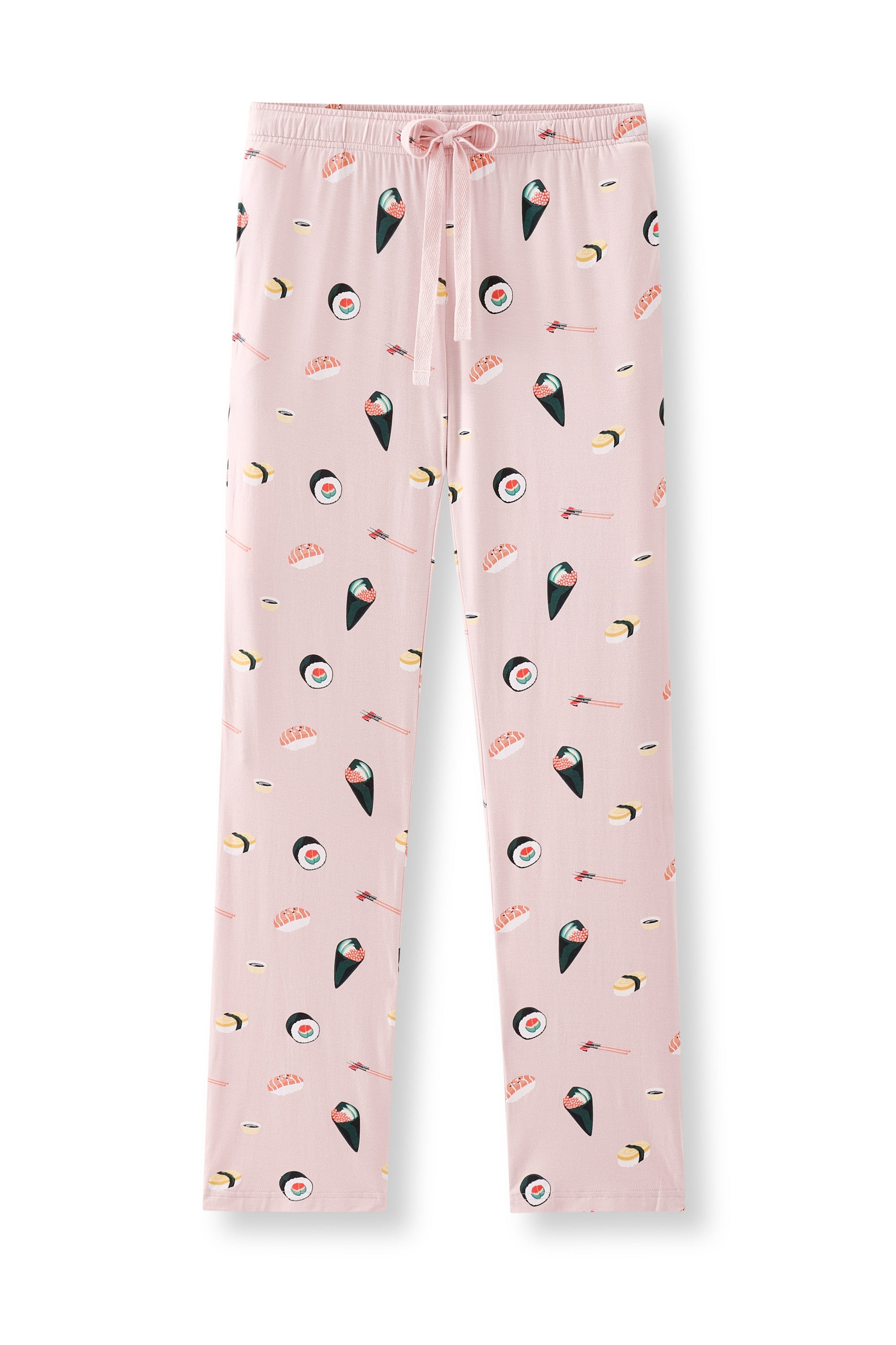 Pink Women's Lounge Pants with Sushi print on a white background
