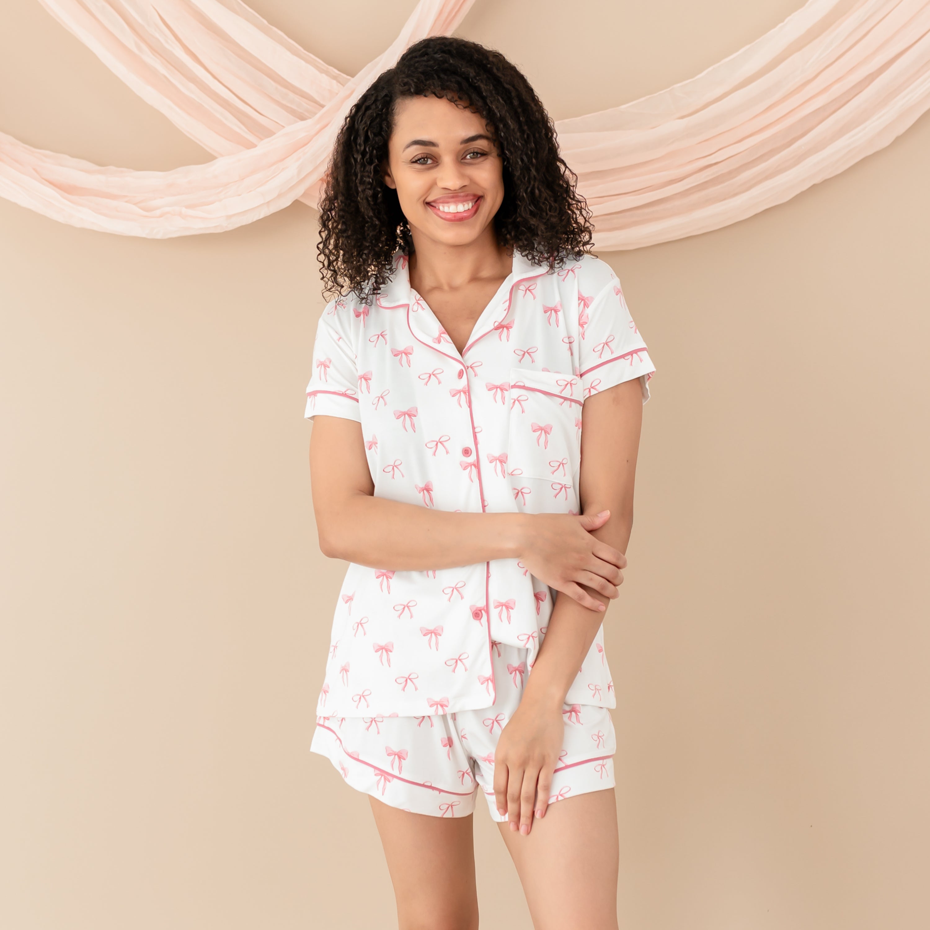 Woman modeling Women’s Short Sleeve Pajama Set in Bow