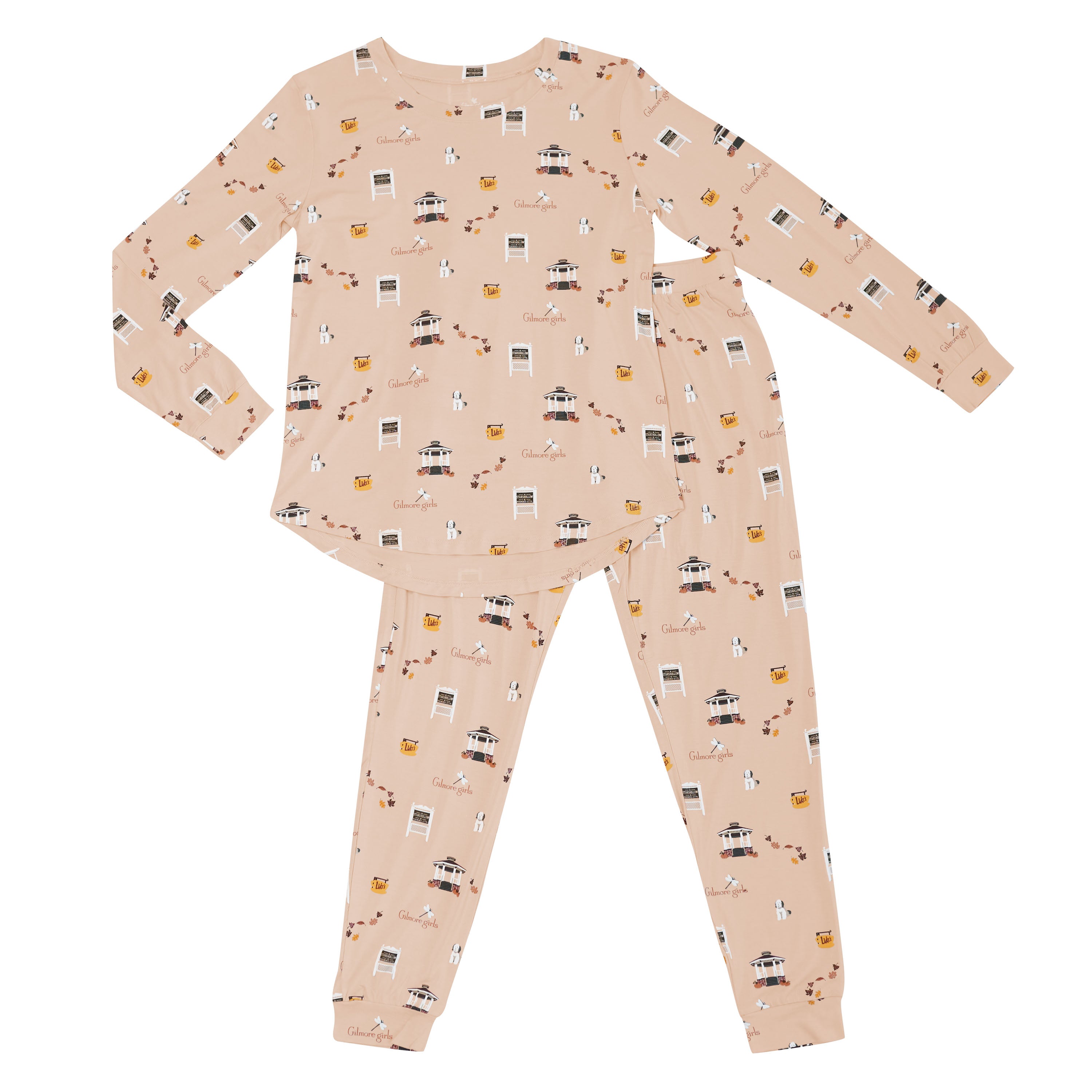 Women's pajama set with Gilmore Girls pattern on a beige background