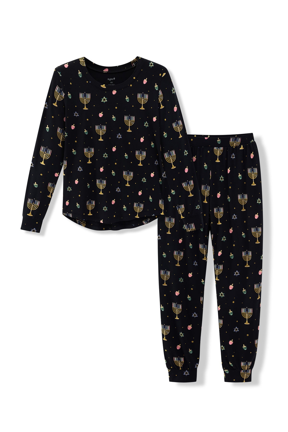 Black Women's Jogger Pajama Set in Hanukkah Nights print on a white background