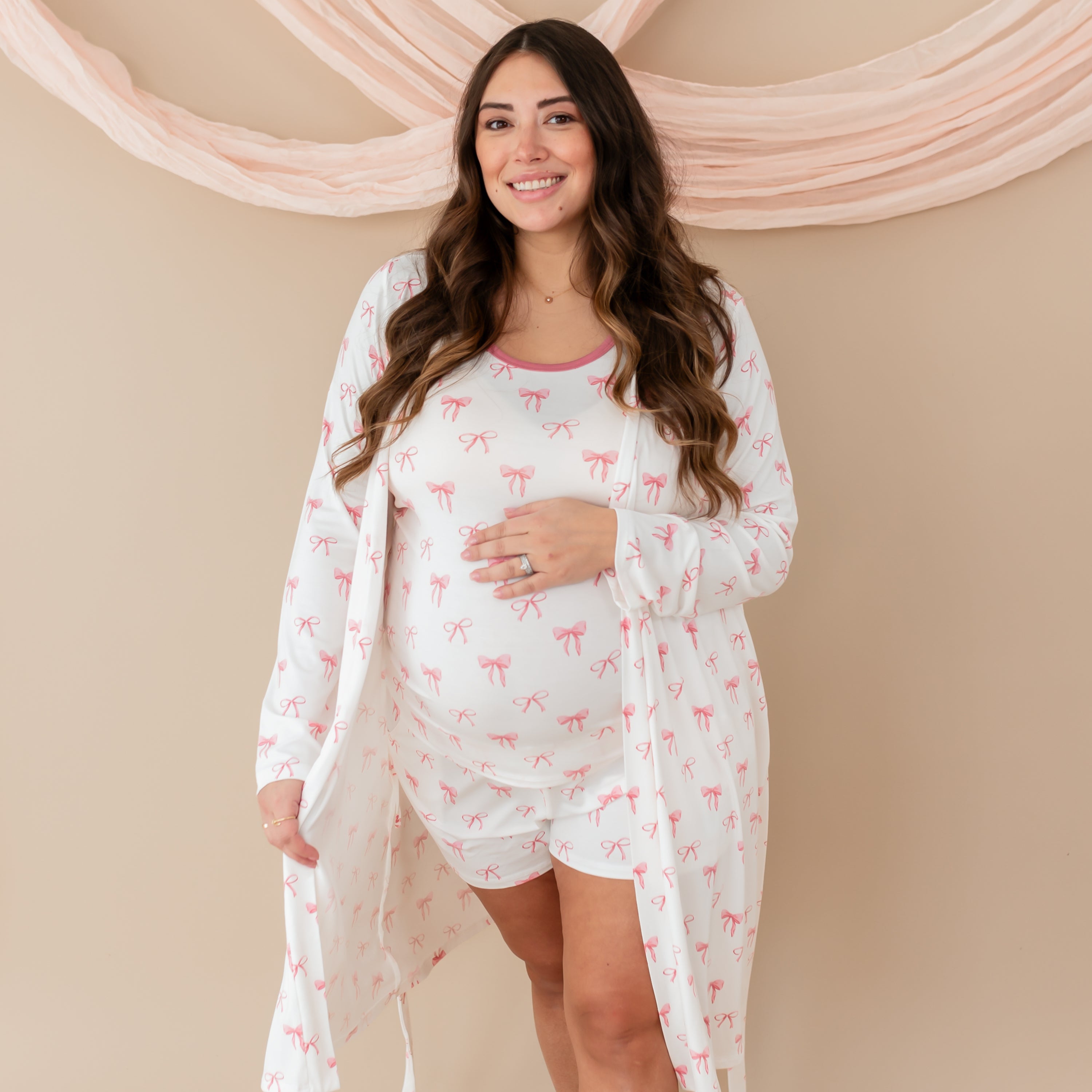 Pregnant woman modeling Women’s Tank Set in Bow and matching lounge robe