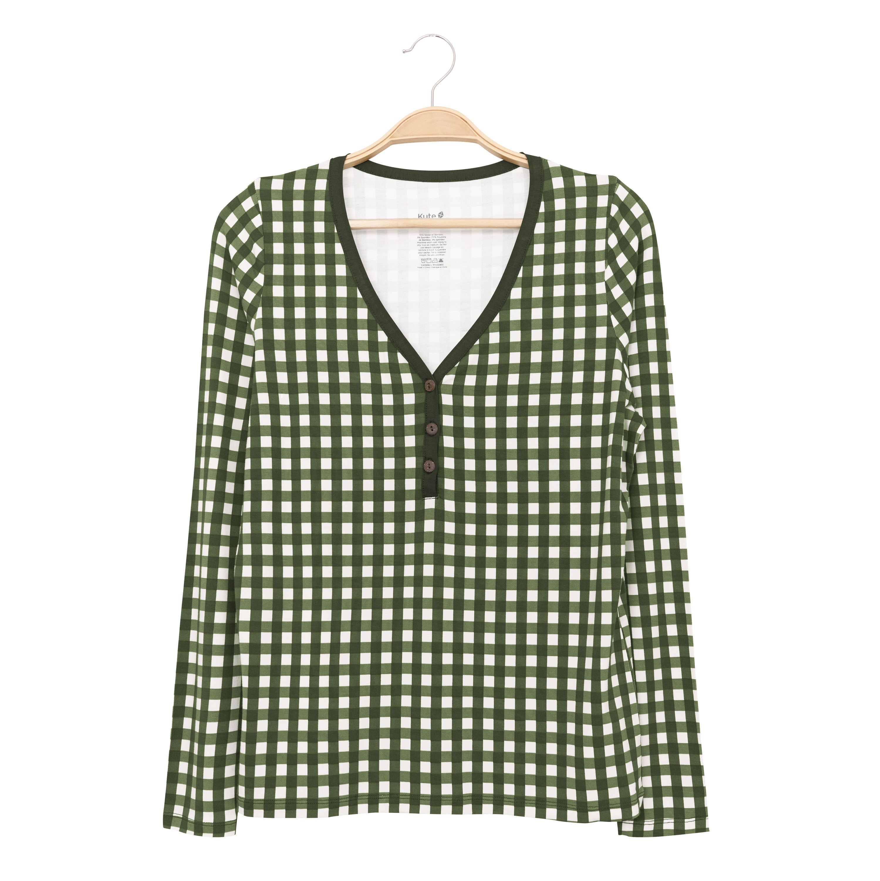 Women's Long Sleeve Henley Tee in Gingham Fir shown hung on a hanger
