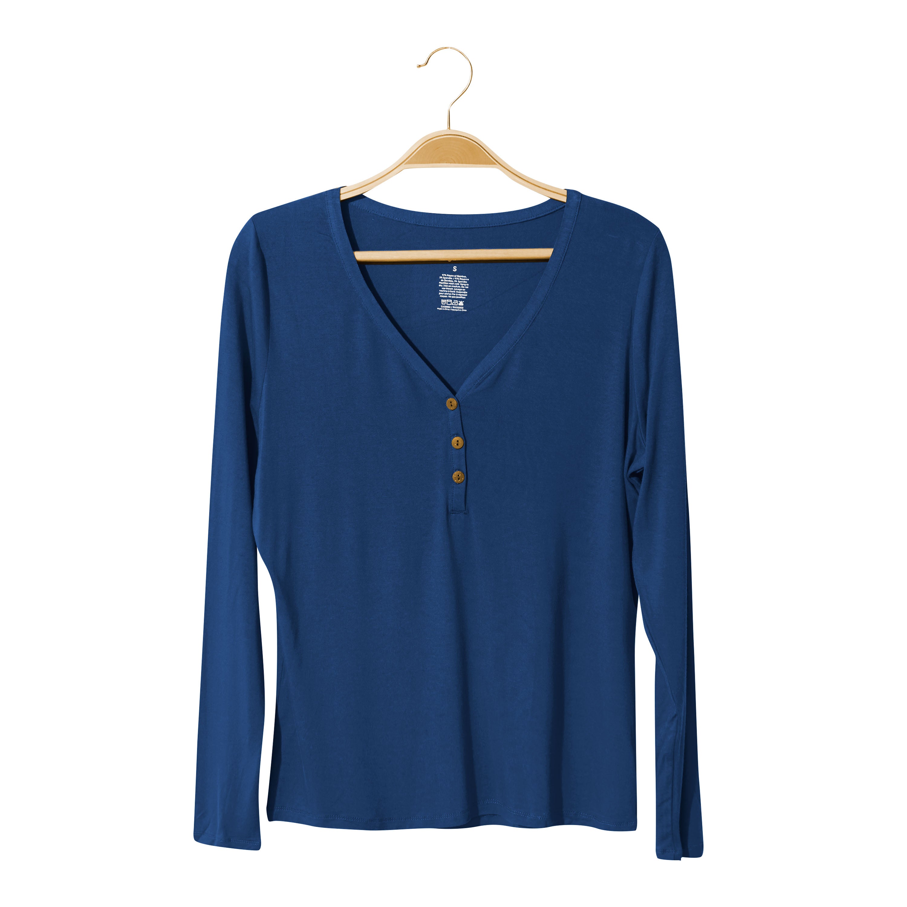 Women's Long Sleeve Henley Tee in Tahoe shown hanging on a hanger