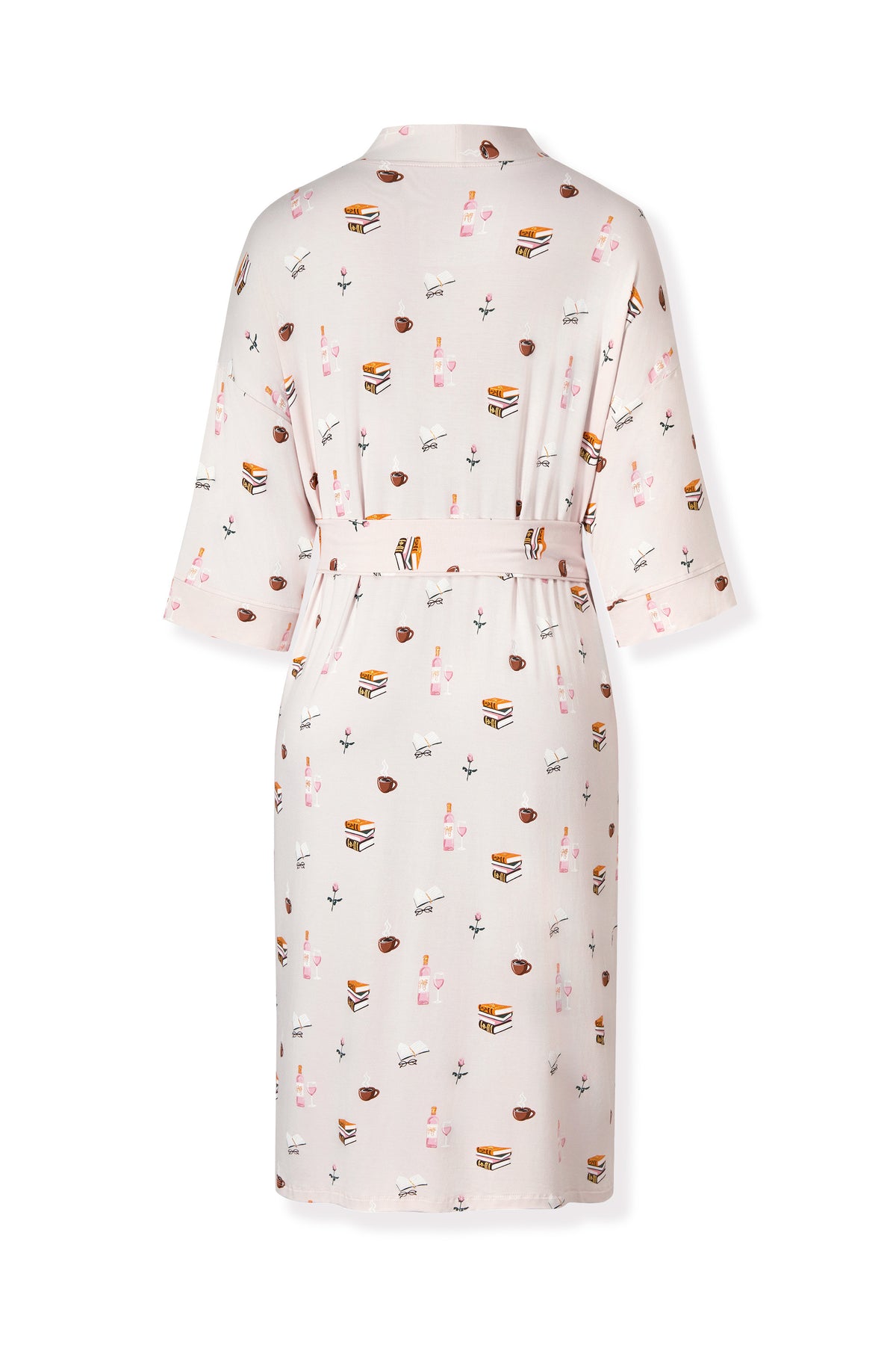 Back side of Women's Kimono Robe with Book Club print on a white background