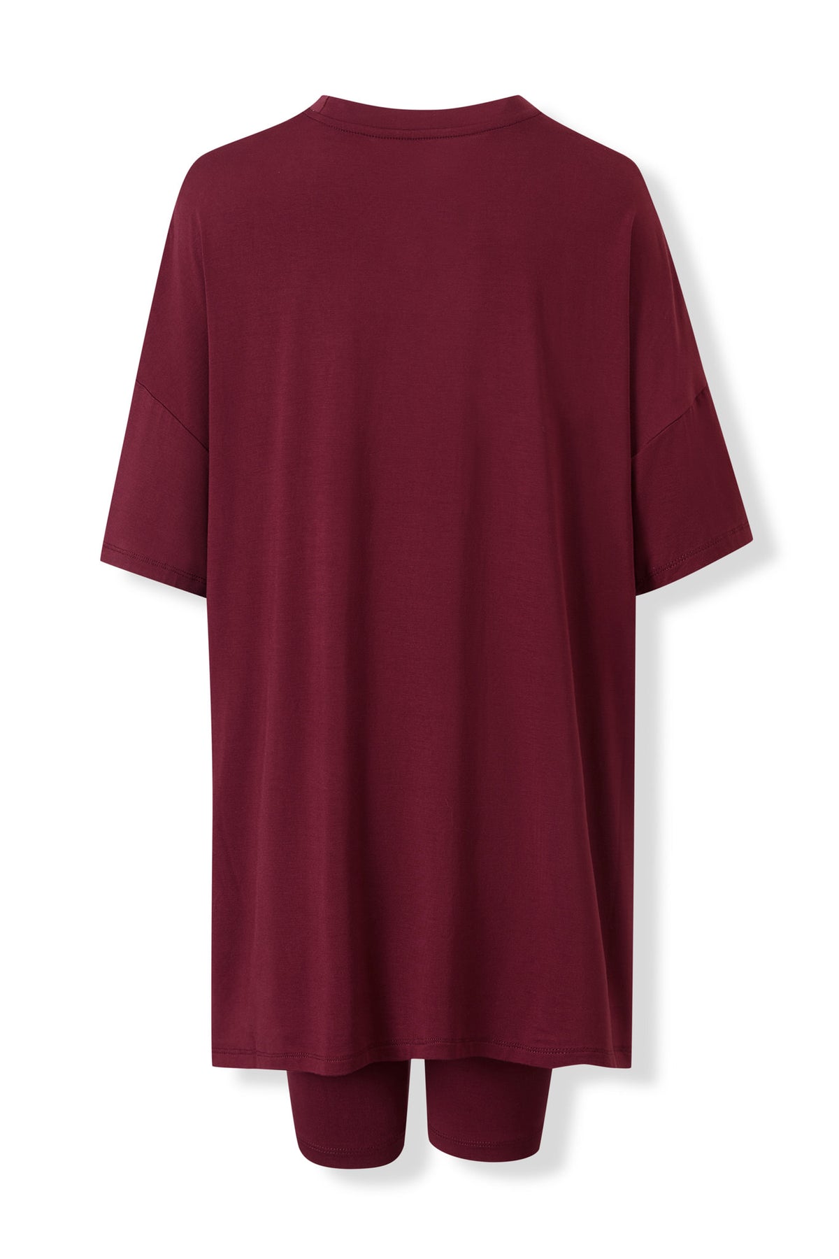 Back view of Women’s Biker Short Set in Burgundy on a white background