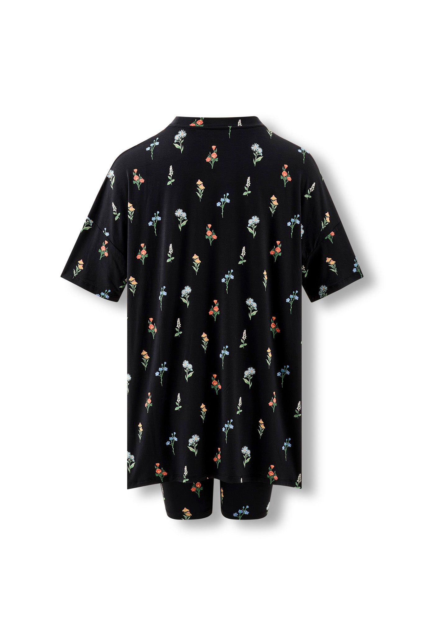 Back side of Black Women’s Biker Short Set in Wildflower print on a white background