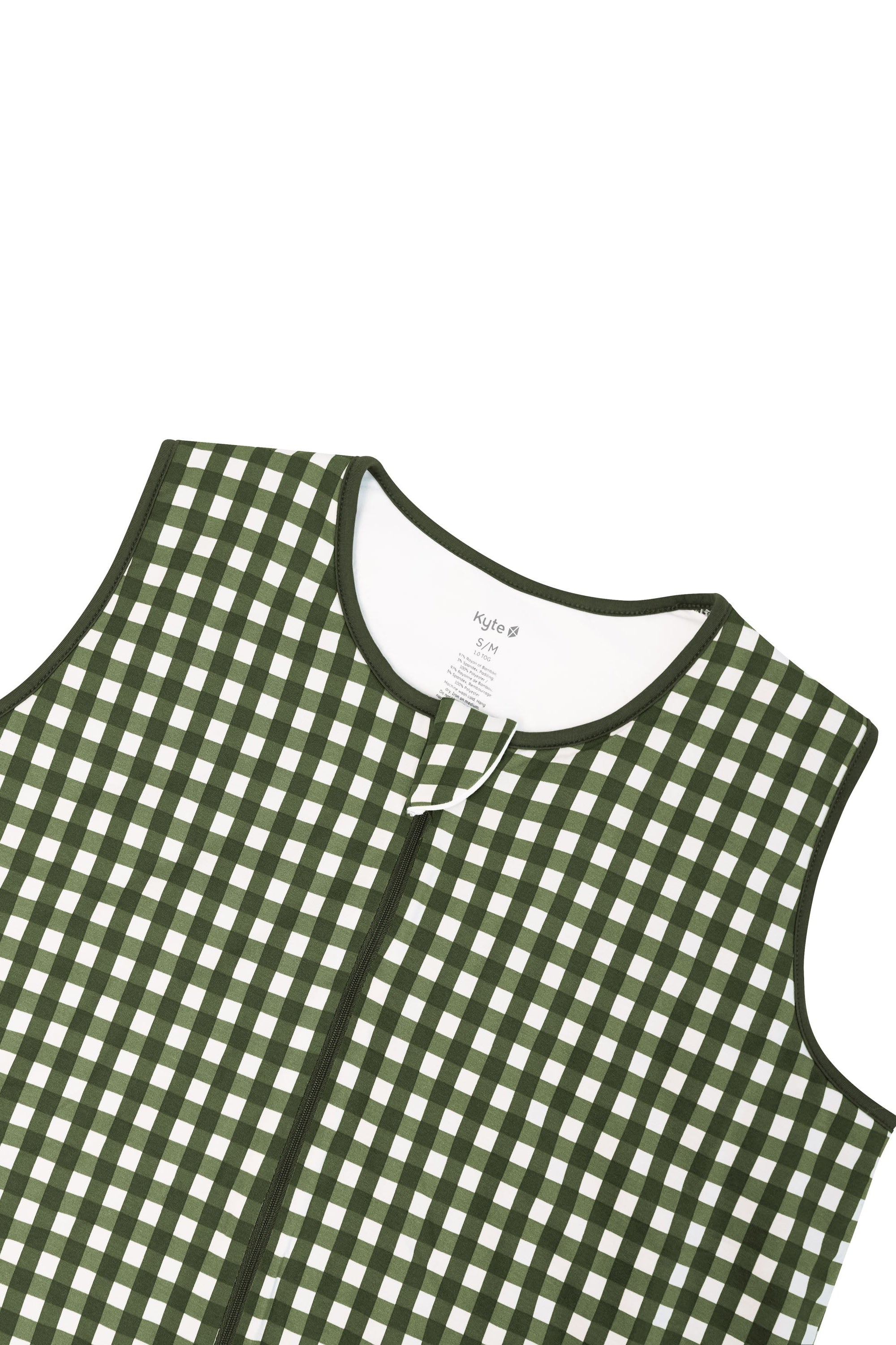 Zipper garage and top zipper shown on the Adult Sleep Bag Walker in Gingham Fir