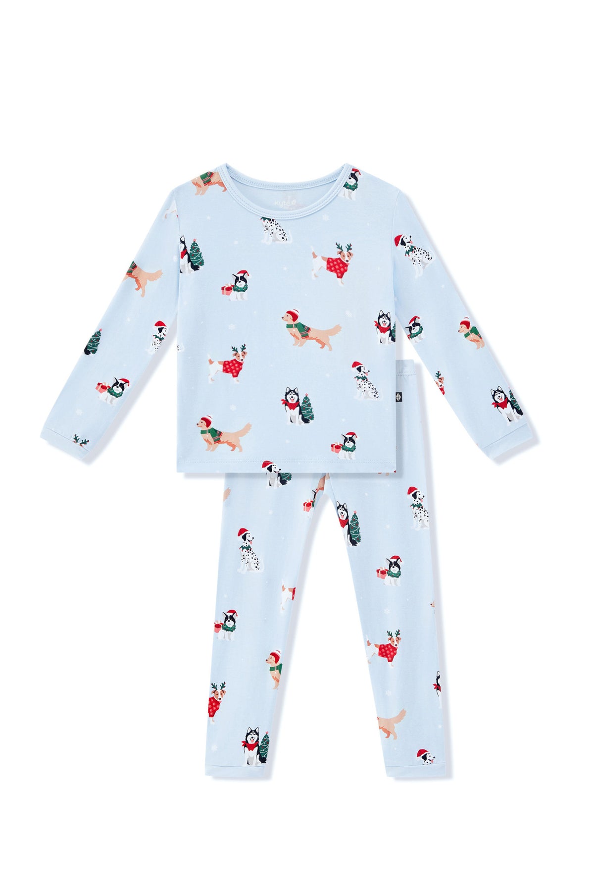 Blue Long Sleeve Pajamas in Holiday Pups print on a white background