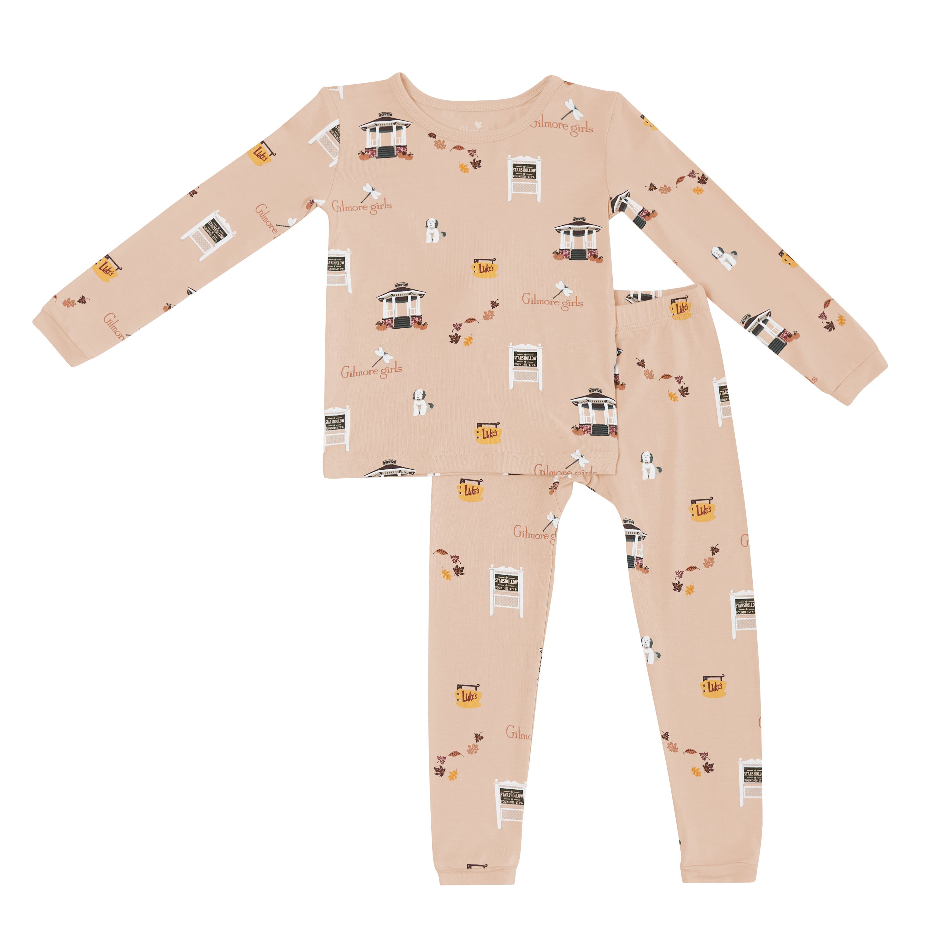 Children's pajama set with Gilmore Girls print on a beige background