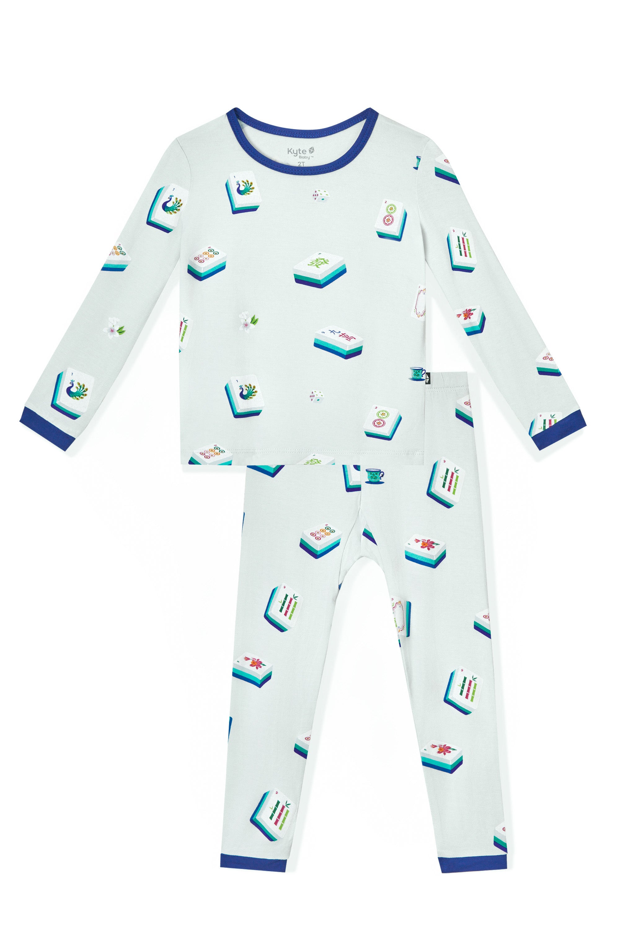 Blue Long Sleeve Pajamas with Mahjong pattern on a white background