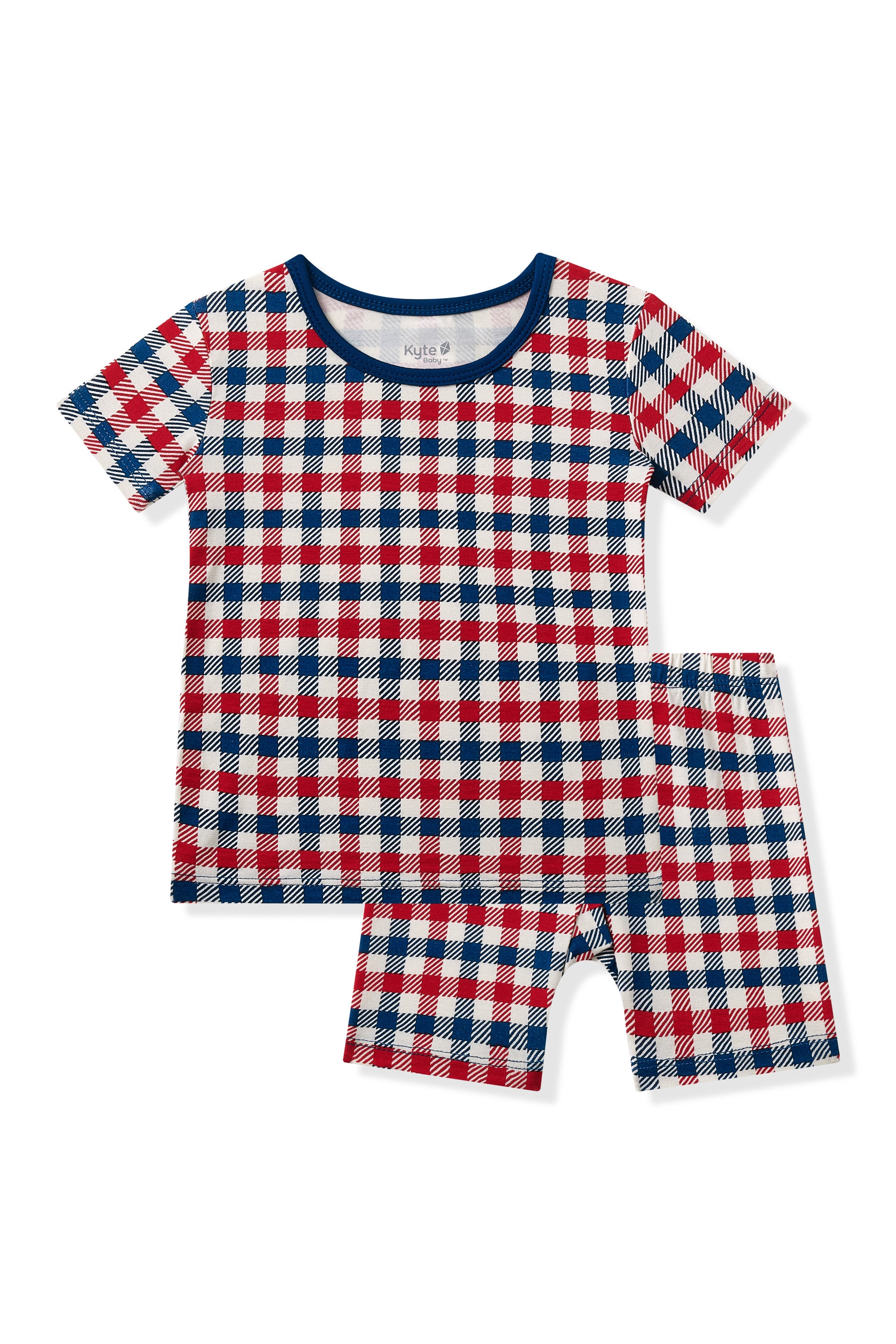 Short Sleeve Pajamas in red blue and white Patriotic Gingham check print on a white background