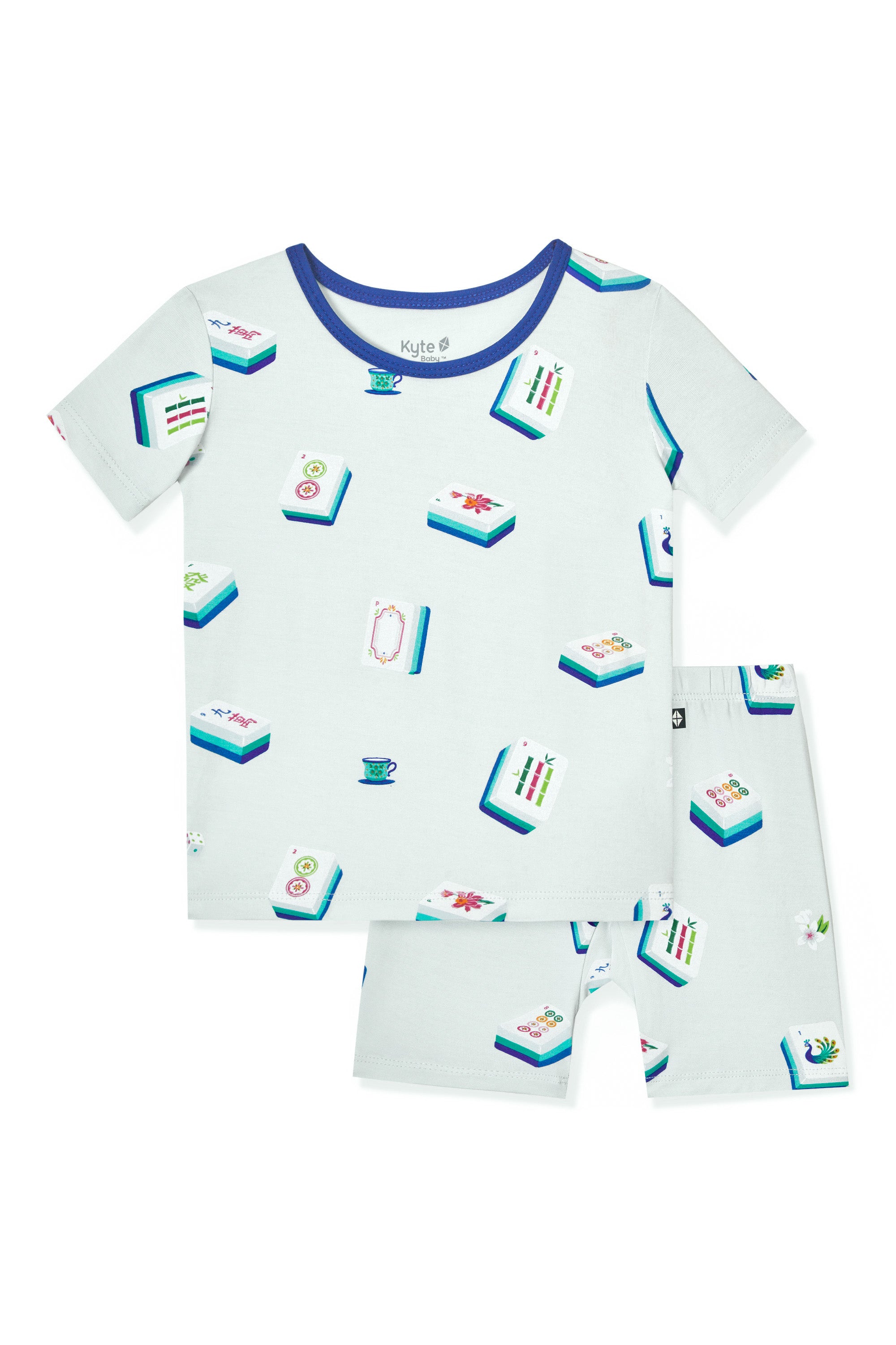 Blue Short Sleeve Pajamas with Mahjong pattern on a white background