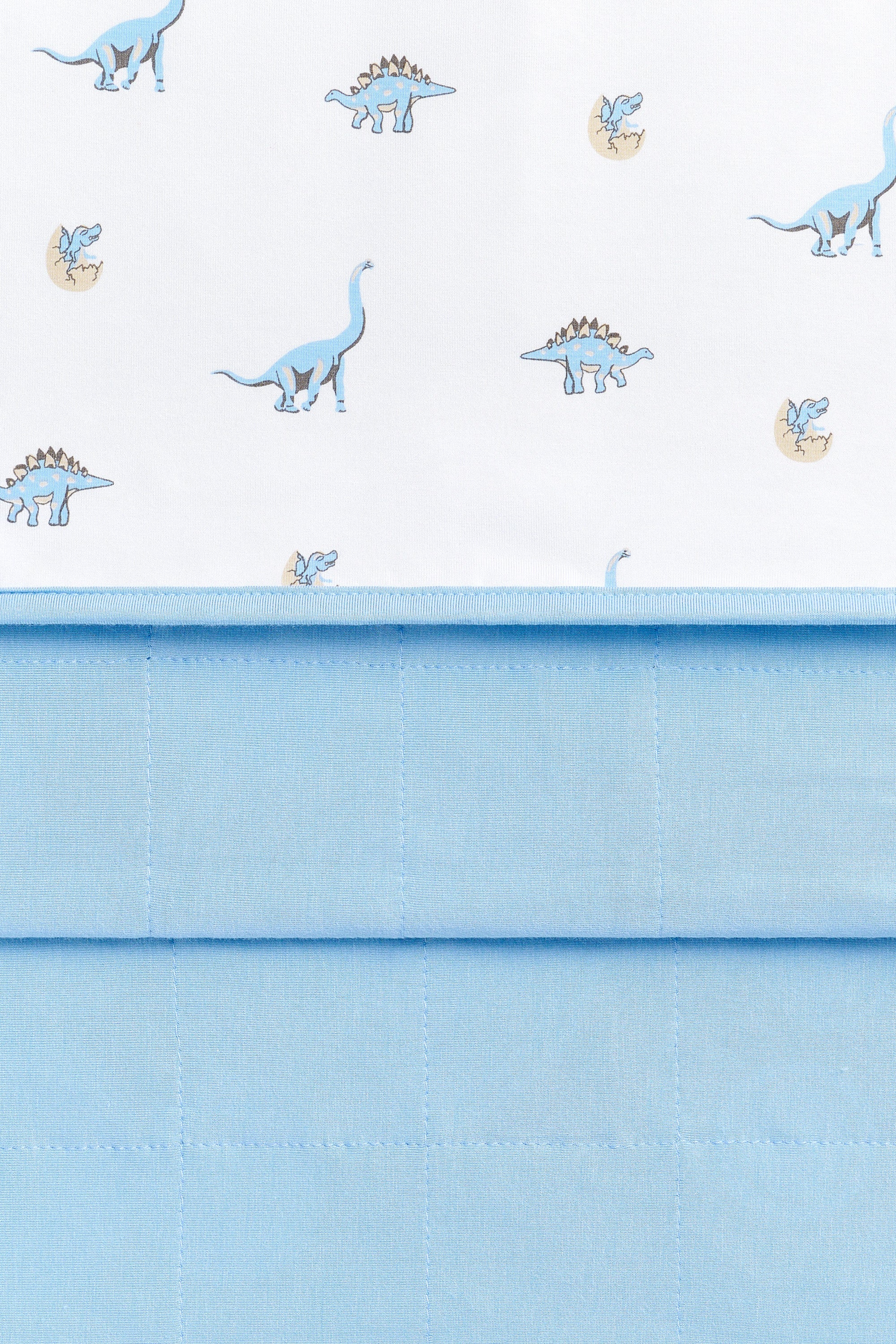 Close up of the Youth Blanket in Jurassic 1.0 showing the baby blue quilted backing and dinosaur printed smooth top layer