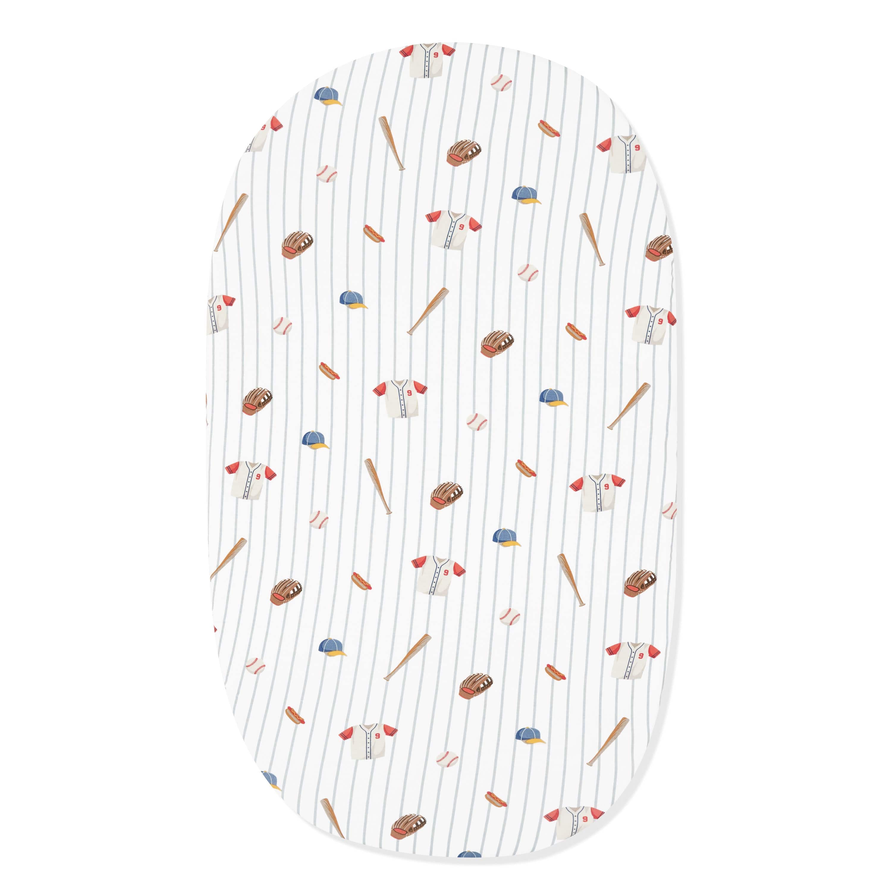 Oval Bassinet Sheet in Home Run shown on an oval mattress