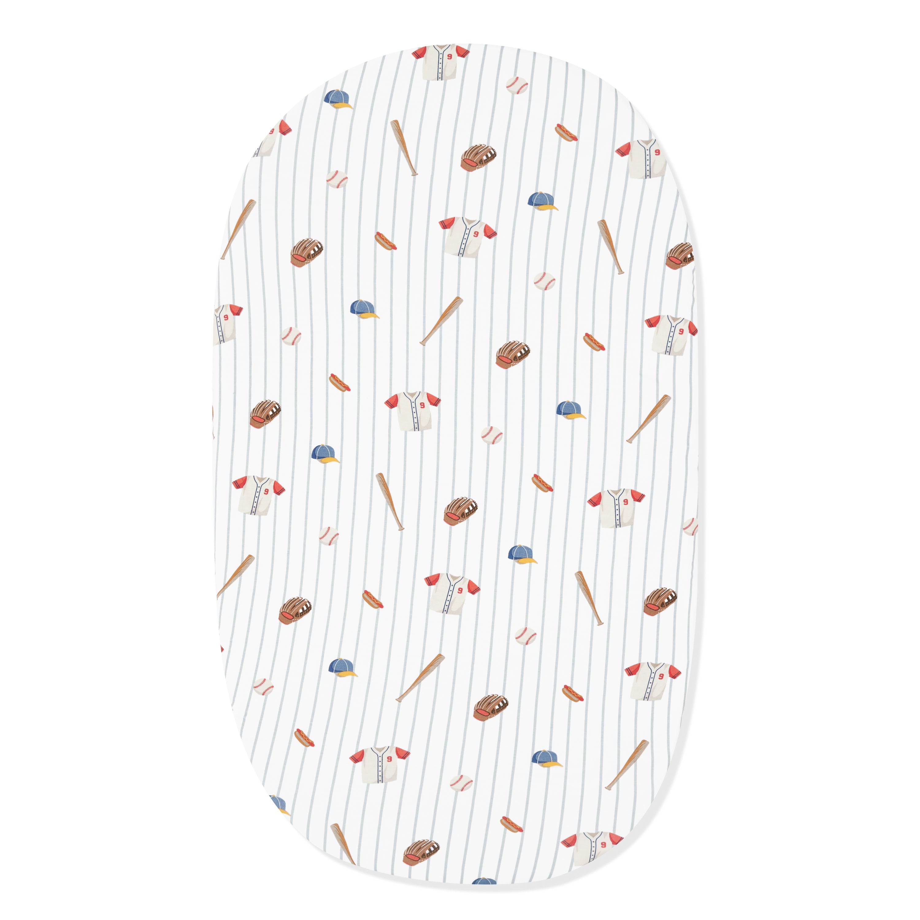 Oval Bassinet Sheet in Home Run shown on an oval mattress