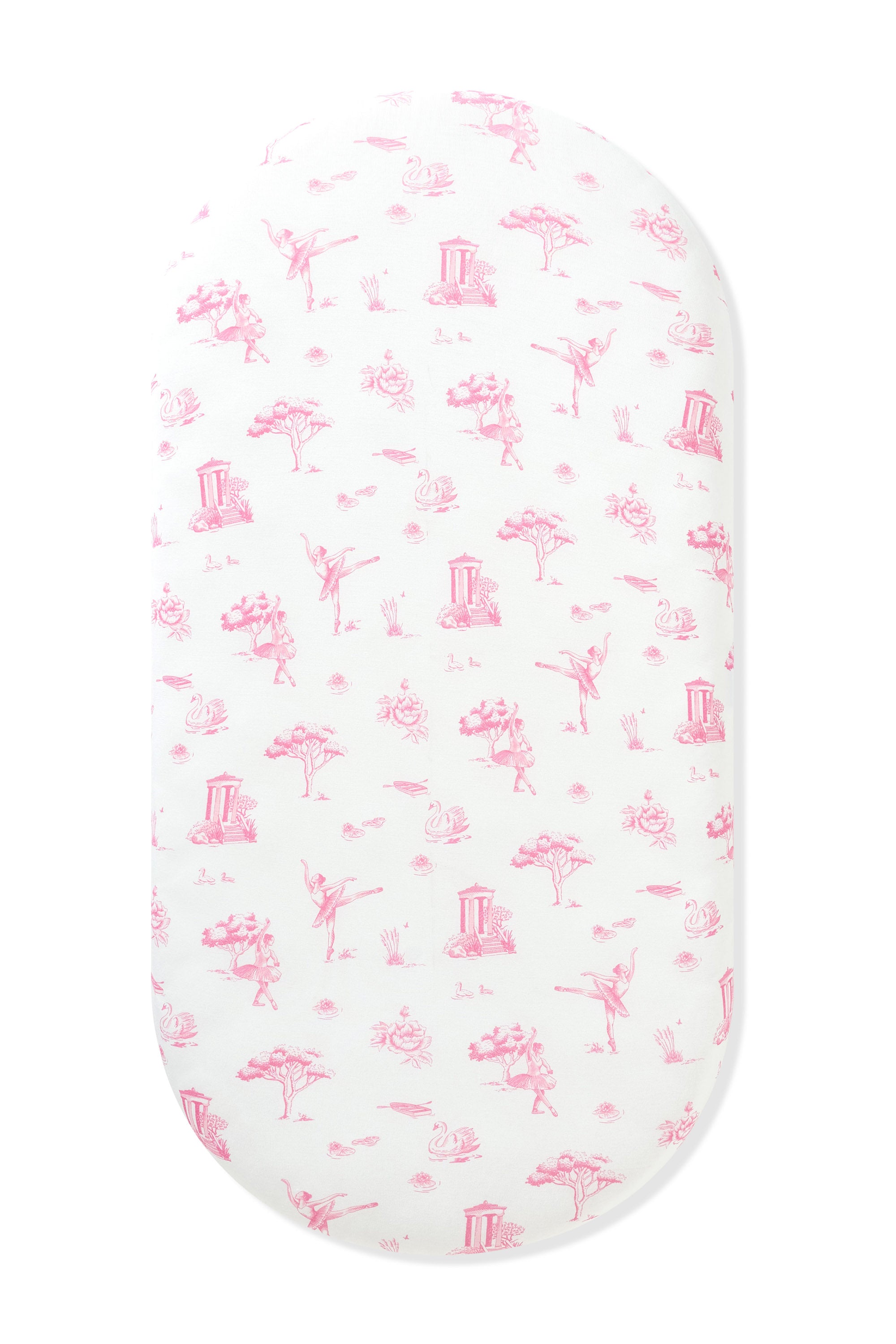 Oval Bassinet Sheet in Toile Ballet on an oval mattress
