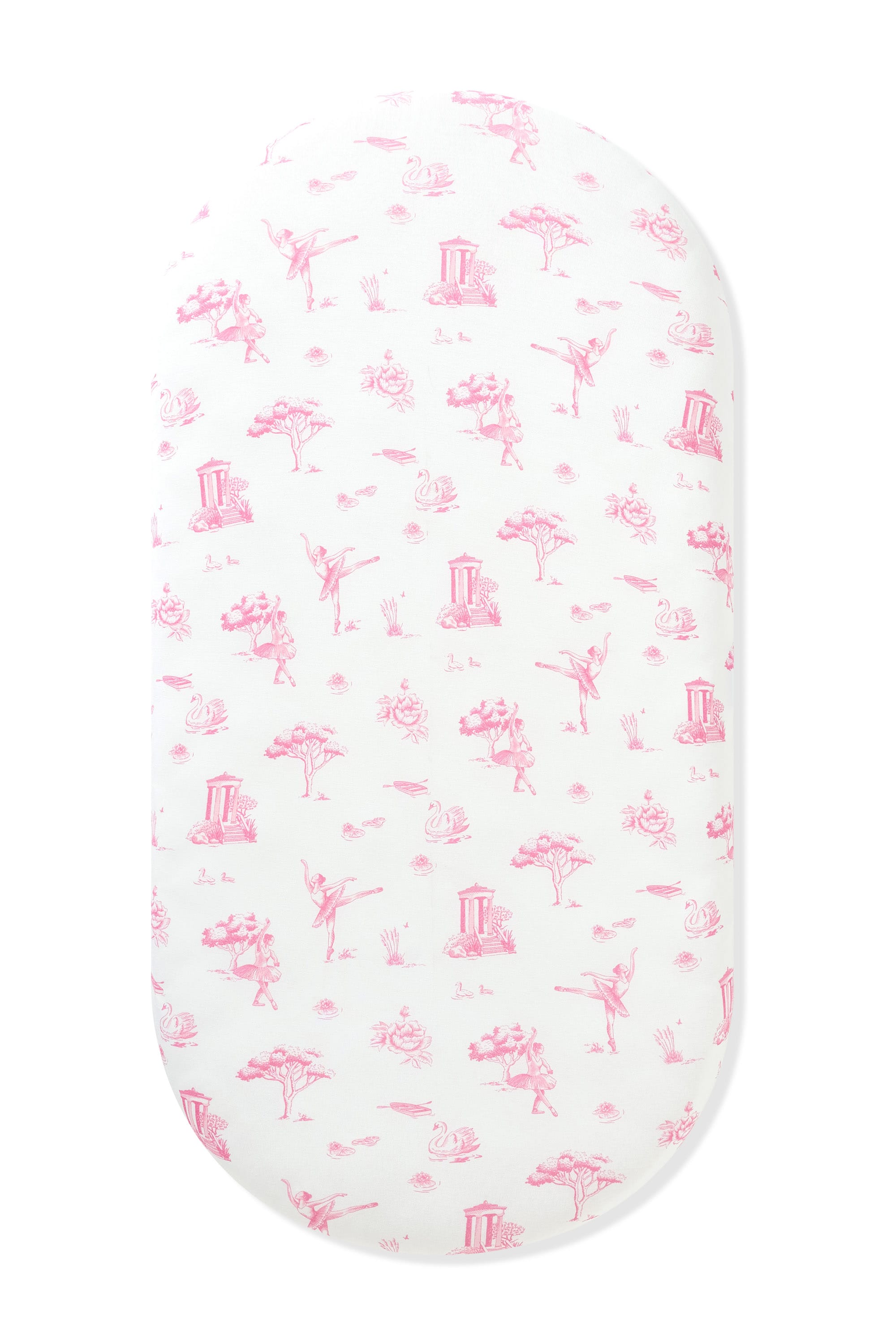 Oval Bassinet Sheet in Toile Ballet on an oval mattress