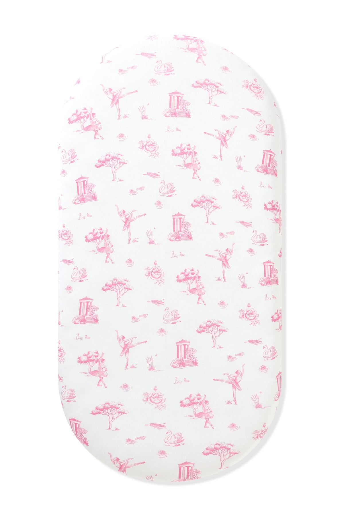 Oval Bassinet Sheet in Toile Ballet on an oval mattress