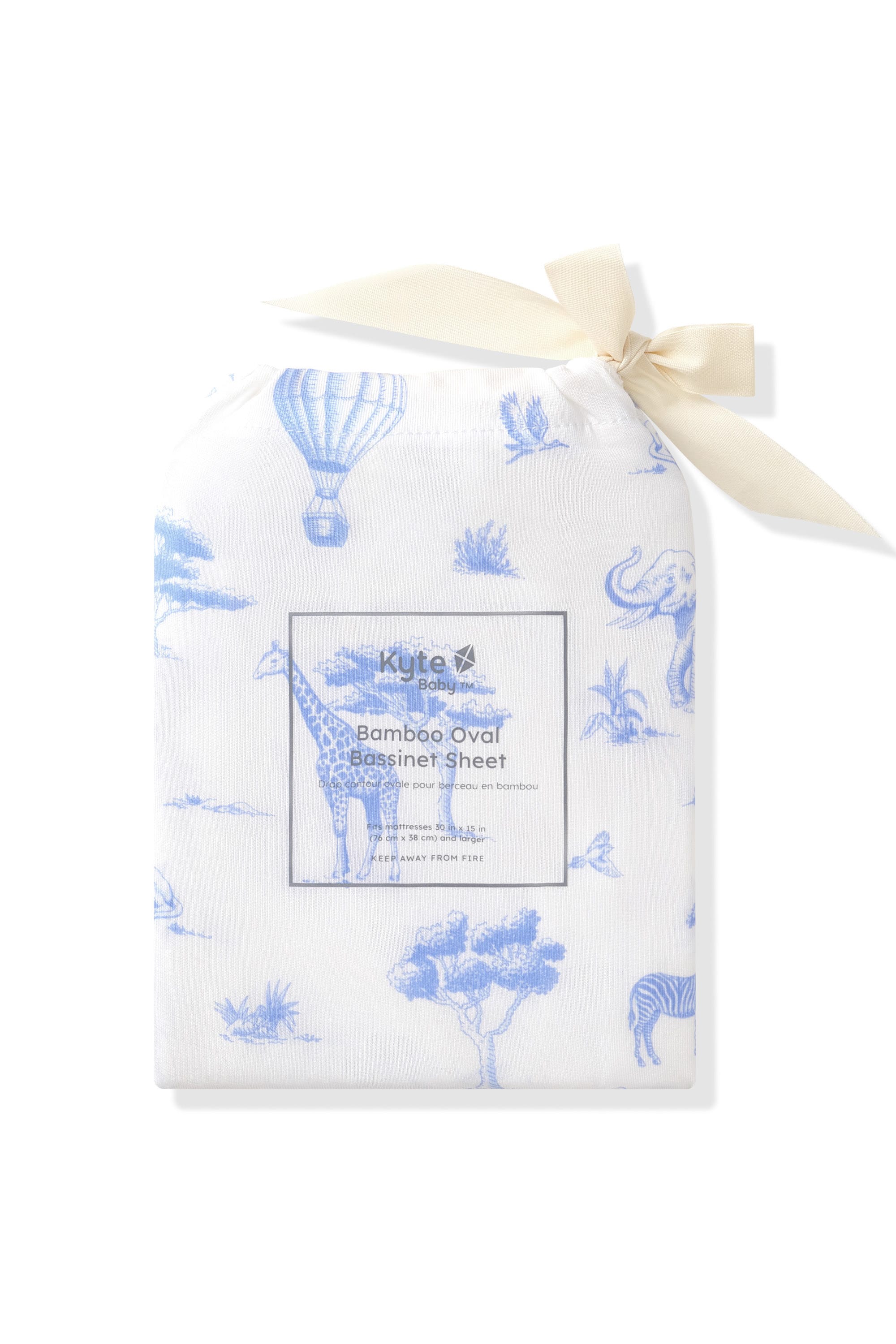 Oval Bassinet Sheet in Toile Safari shown in its packaging