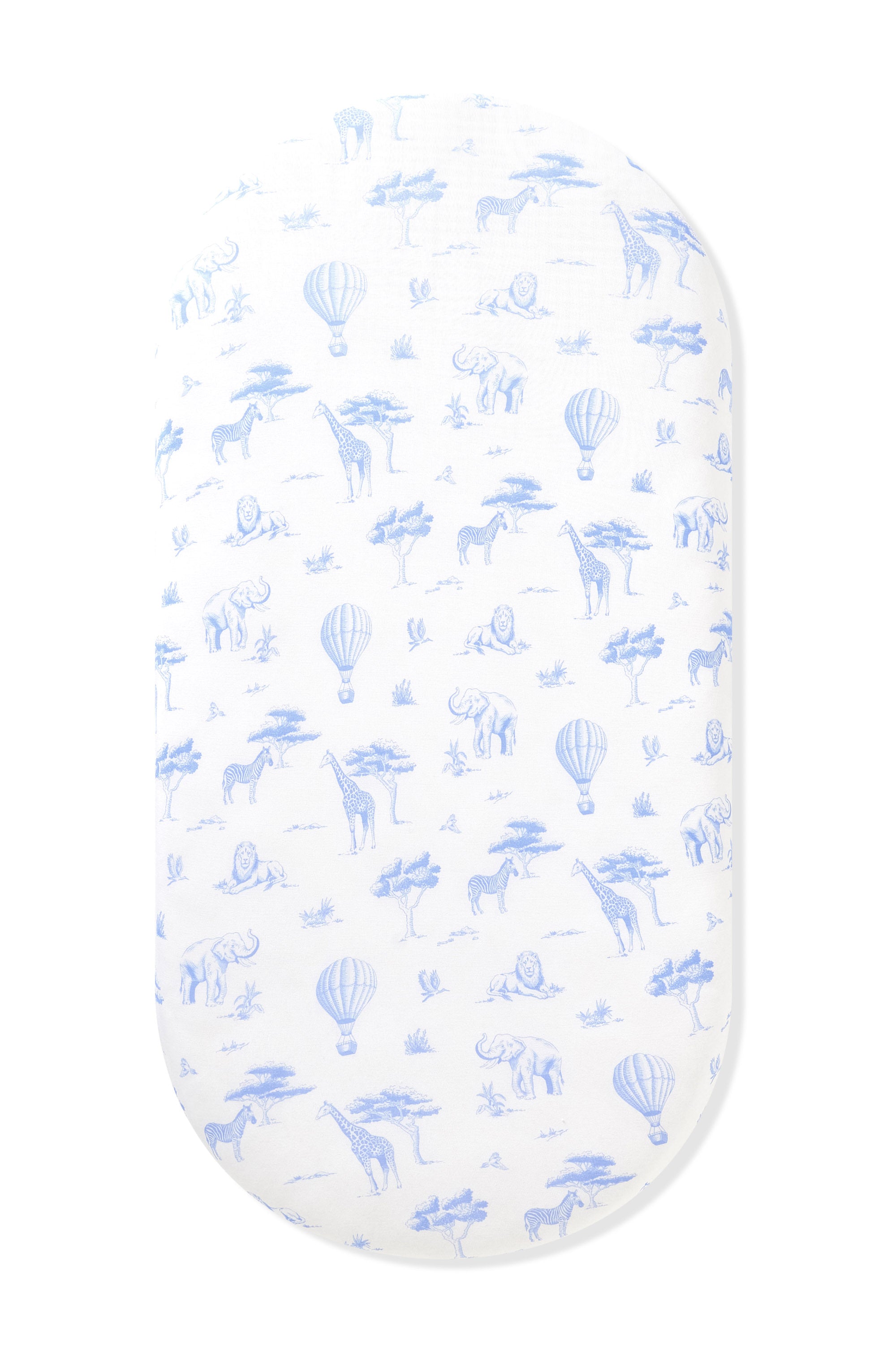 Oval Bassinet Sheet in Toile Safari shown on an oval mattress